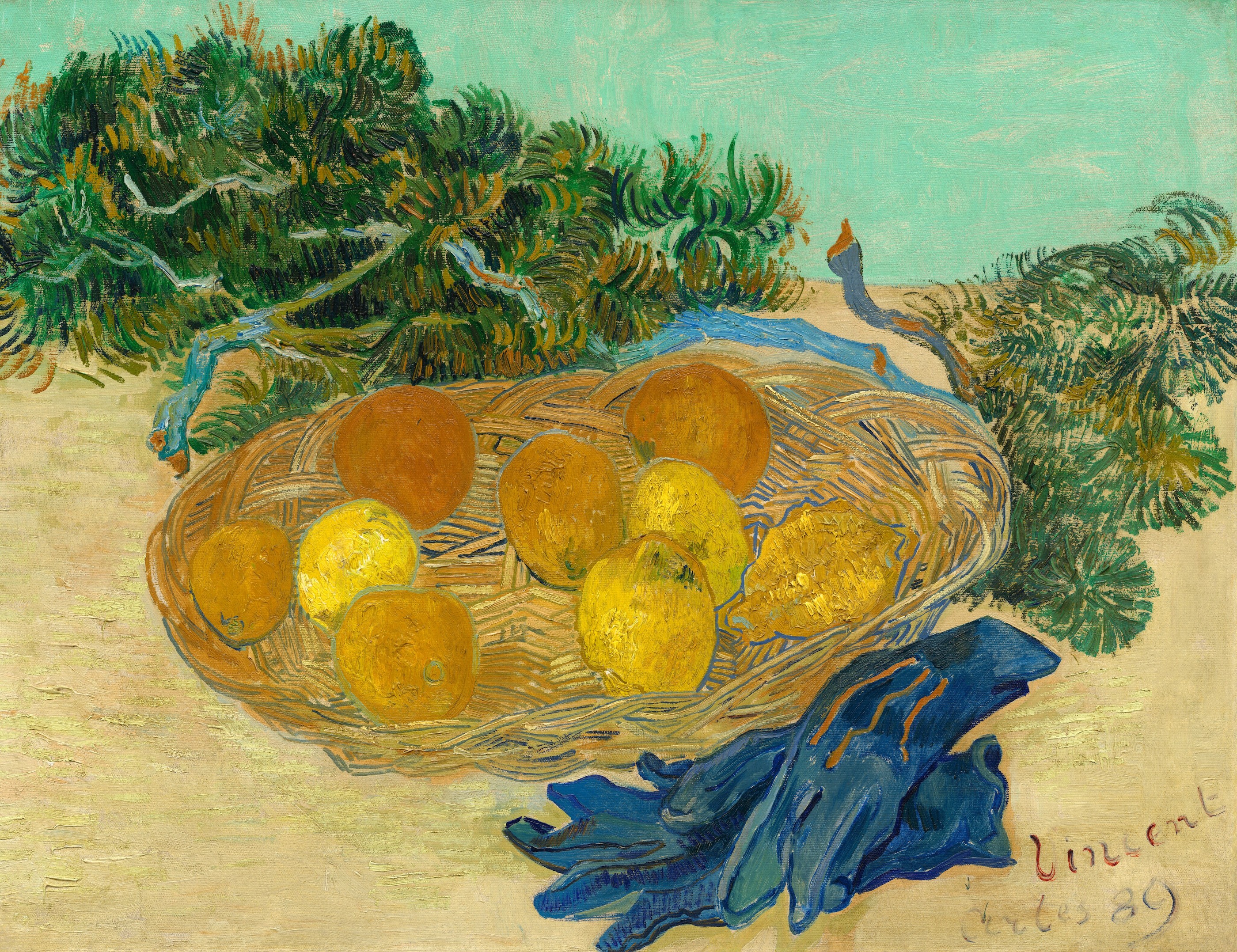 Stilleben av apelsiner och citroner med blå handskar by Vincent van Gogh - 1889 - 48 × 62 cm 