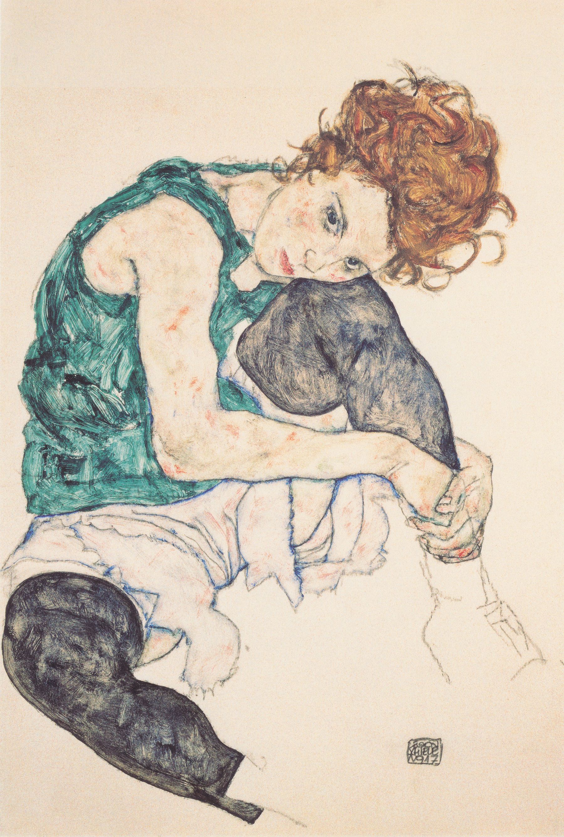 屈膝坐著的女人 by Egon Schiele - 1917 - - 