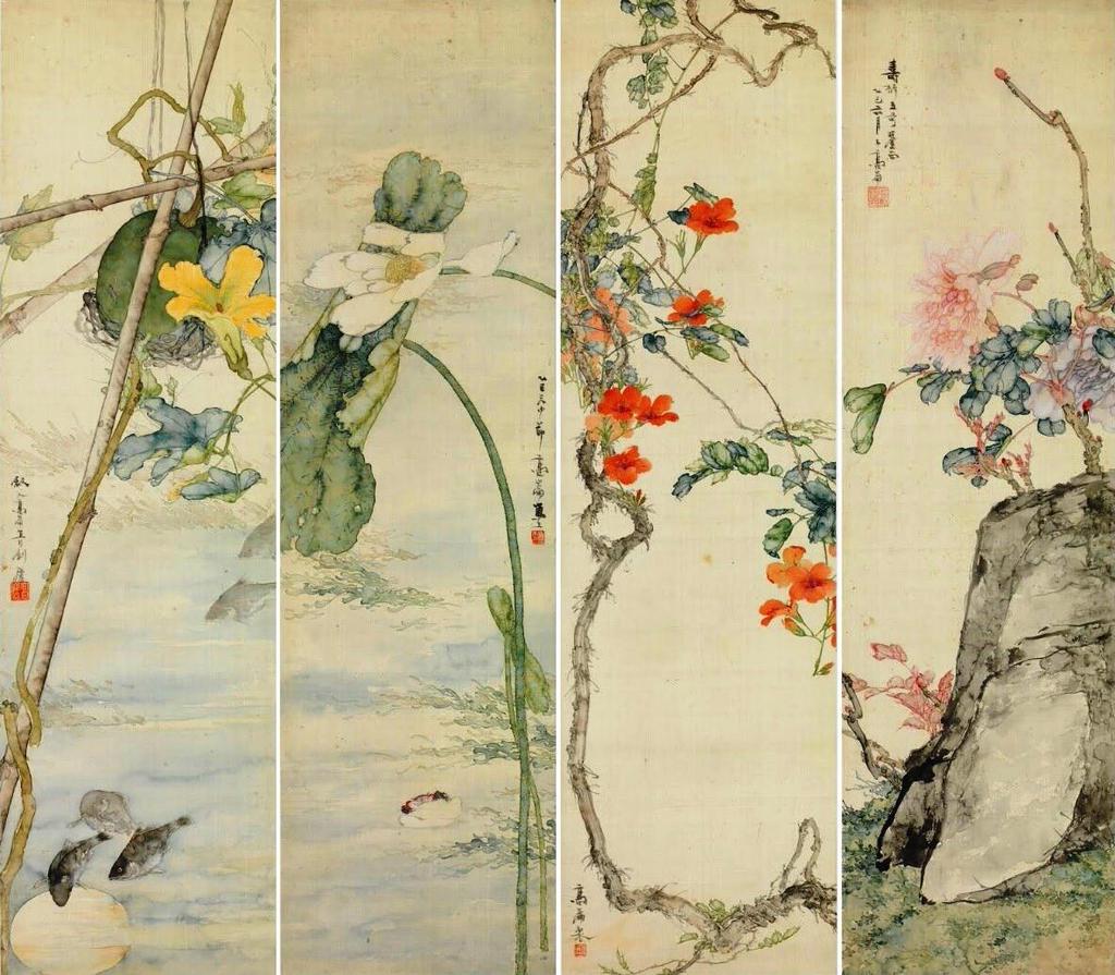 Bloemen, Meloen, Vis en Insect by Gao Jianfu - 1905 - 28 x 98 cm 