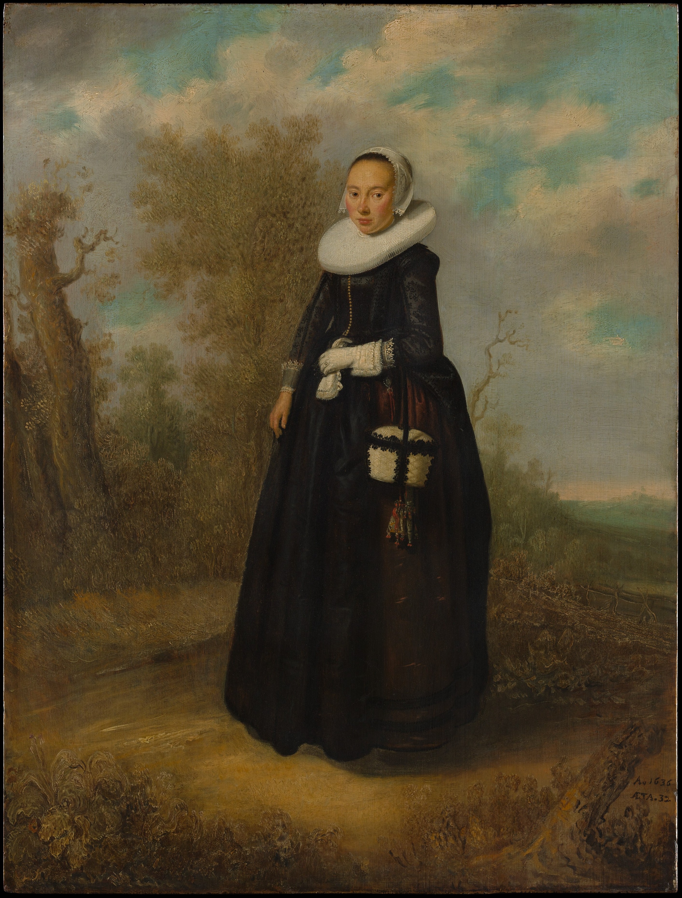 Młoda kobieta na tle krajobrazu by Unknown Artist - 1636 - 66 cm x 50,5 cm 