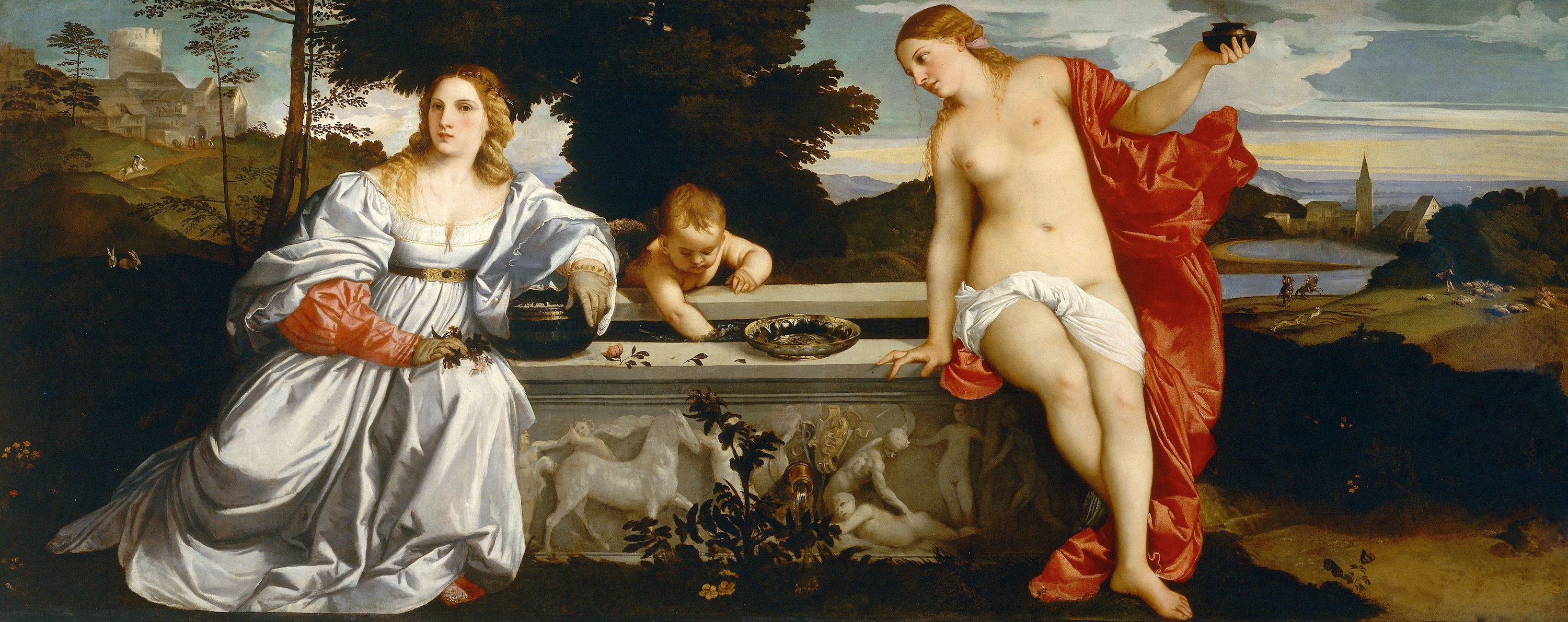 Sacred and Profane Love by  Titian - c. 1514 - 118 x 279 cm Galleria Borghese