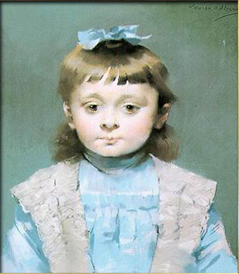 戴蓝色绸带的少女画像 by 路易丝 · 阿贝玛 - ca. 1895 - 15 x 18 in 