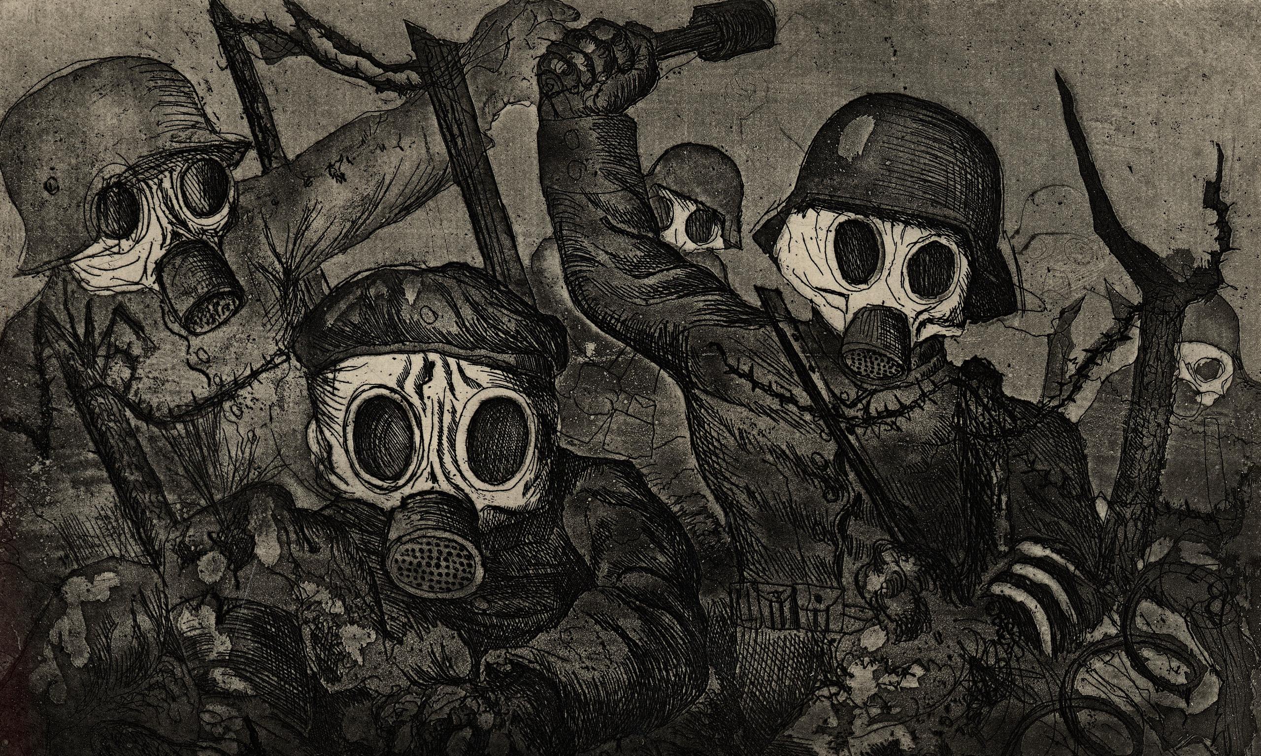 Schoktroepen rukken op onder gas by Otto Dix - 1924 - 19.3 x 28.8 cm 
