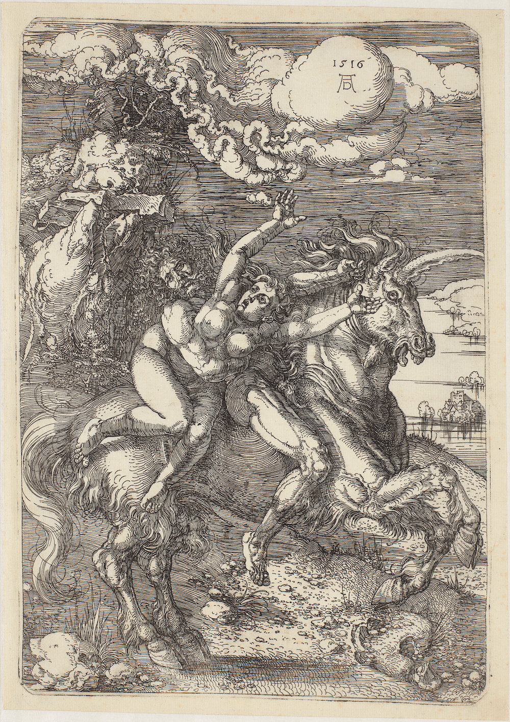 Abducción sobre un unicornio by Albrecht Dürer - 1516 - 393 x 230 mm Galería Nacional de Dinamarca