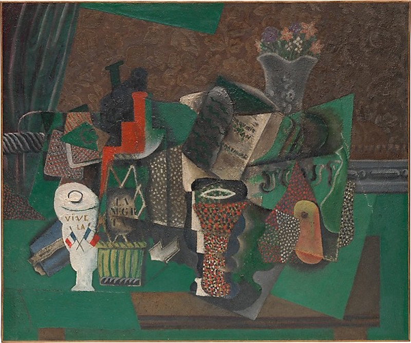 Jogando cartas, copos, garrafa de rum: “Viva a França” by Pablo Picasso - 1915 