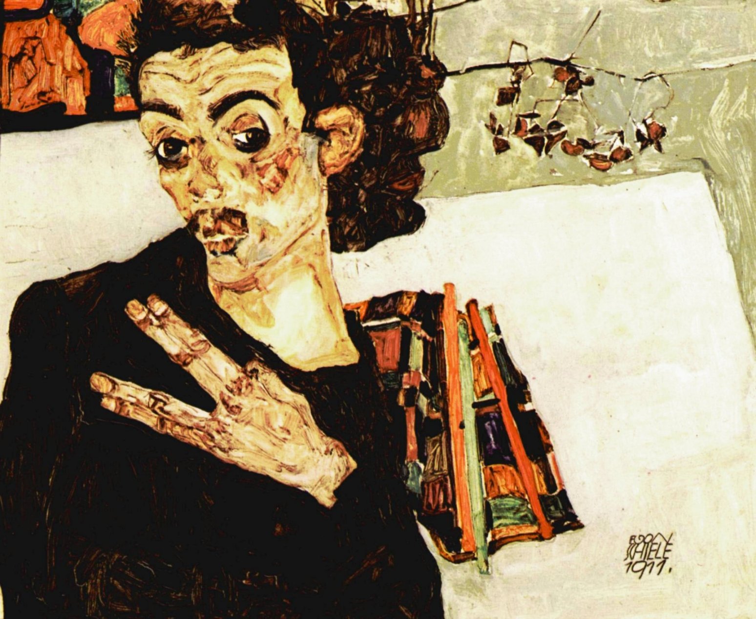 Zelfportret met Zwarte Vaas en Gespreide Vingers by Egon Schiele - 1911 - 27.5 x 34 cm Kunsthistorisches Museum