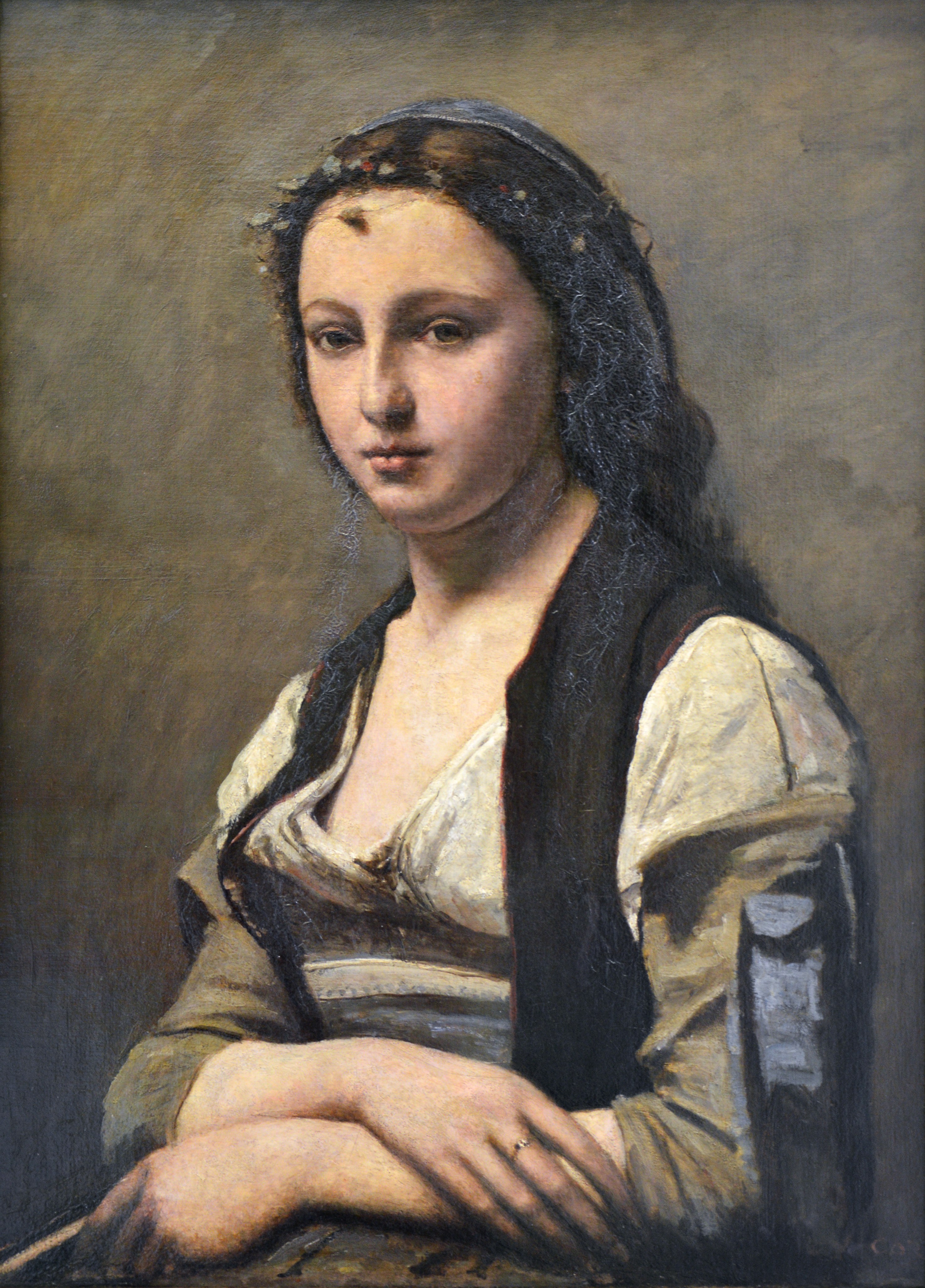The Woman with a Pearl by Jean-Baptiste-Camille Corot - between 1868 and 1870 - 70 × 55 cm  Musée du Louvre
