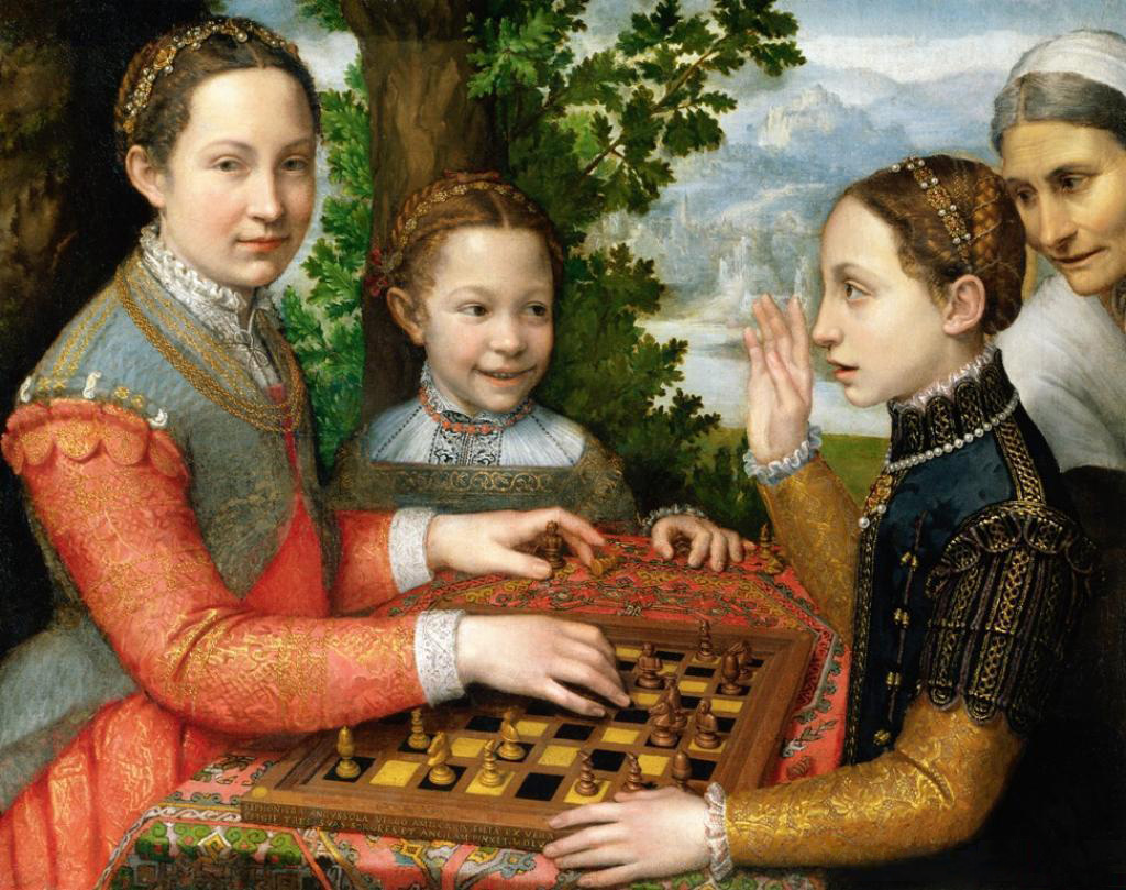 Οι αδερφές της ζωγράφου παίζουν σκάκι by Σοφονίσμπα Ανγκουισόλα - 1555 - 28,3 × 38,2 ίντσες 