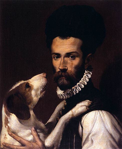 Portret van een man met een hond by Bartolomeo Passarotti - 1585 - 57 x 47 cm 