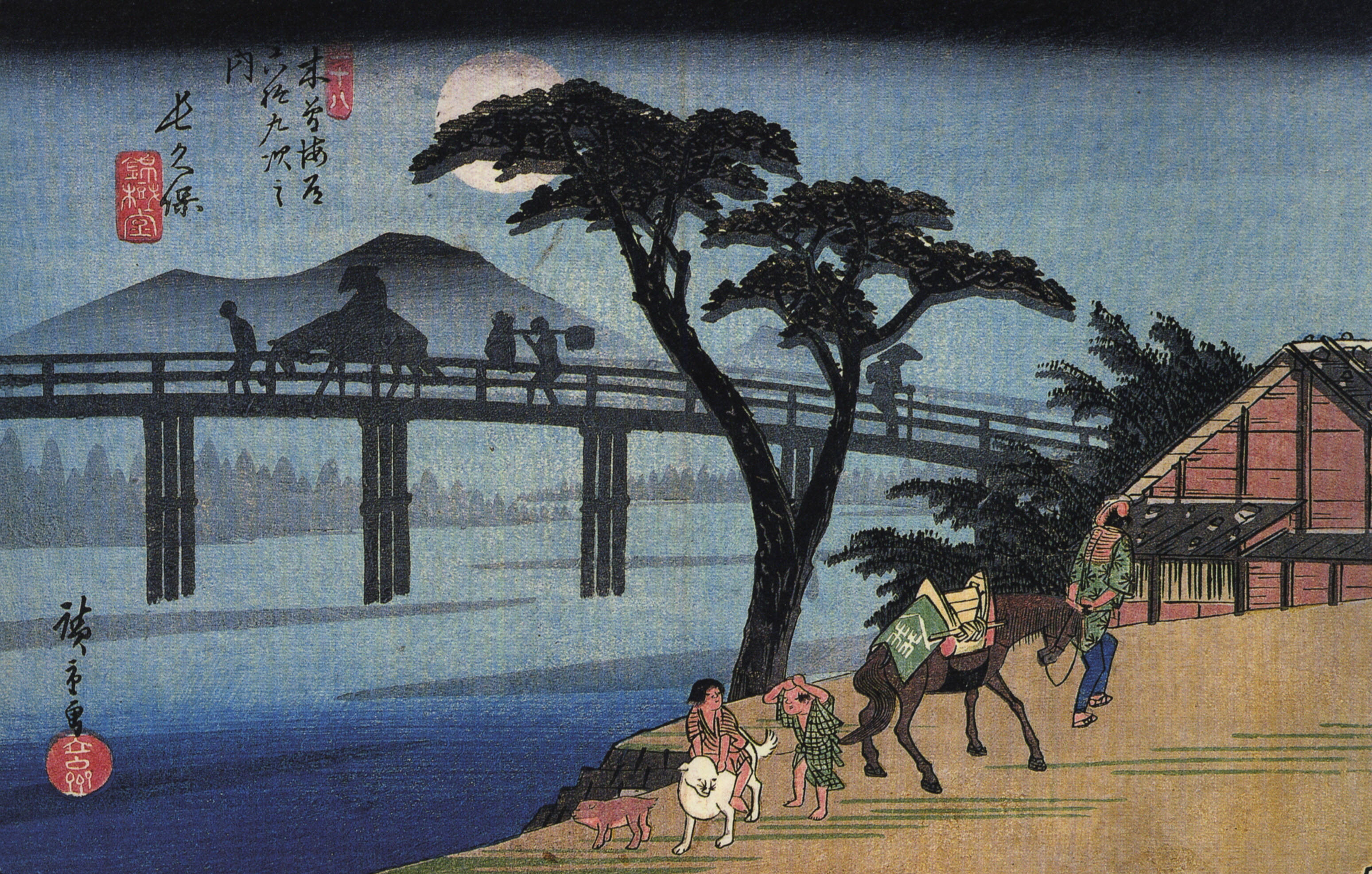 Man te paard steekt een brug over by Utagawa Hiroshige - 1834-1842 - 18.3 x 25.6 cm 