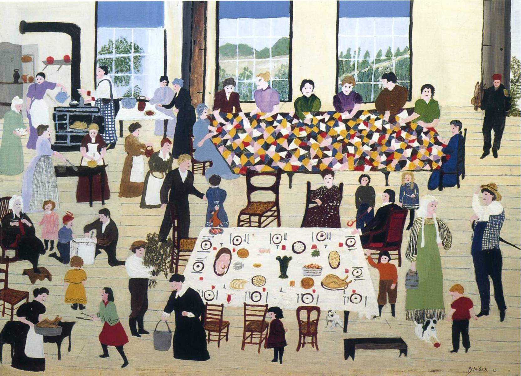 The Quilting Bee by Grandma Moses - 1940-1950 - - private collection