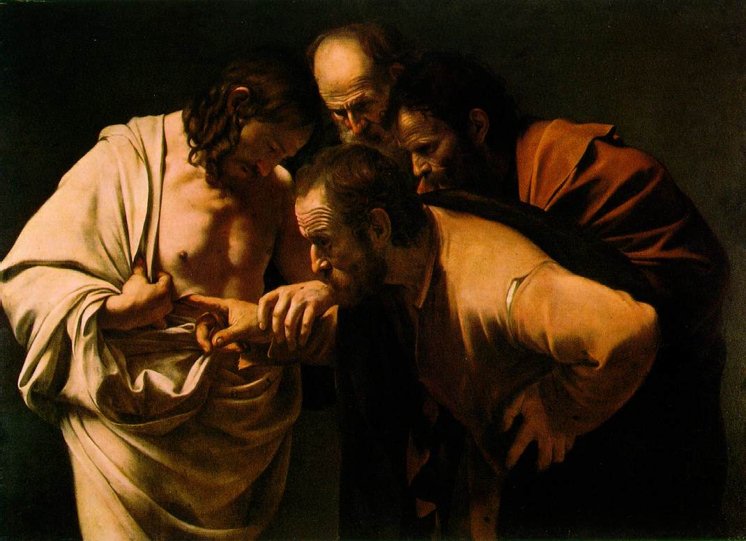  La Incredulidad de Santo Tomás by  Caravaggio - 1601 - 107 cm × 146 cm  Castillo de Sanssouci