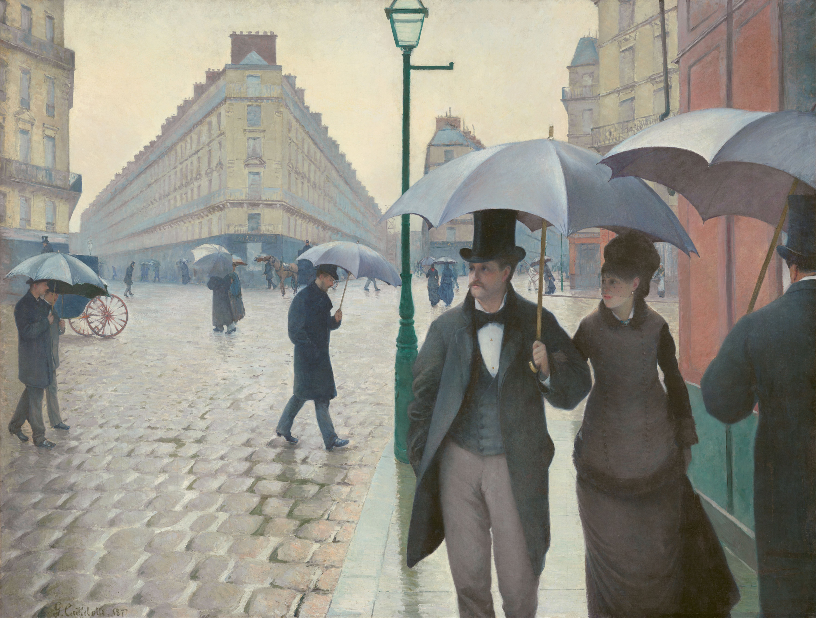 雨天的巴黎街道 by 古斯塔夫 卡勒波特 - 1877 - 212,2 x 276,2 cm 芝加哥藝術博物館