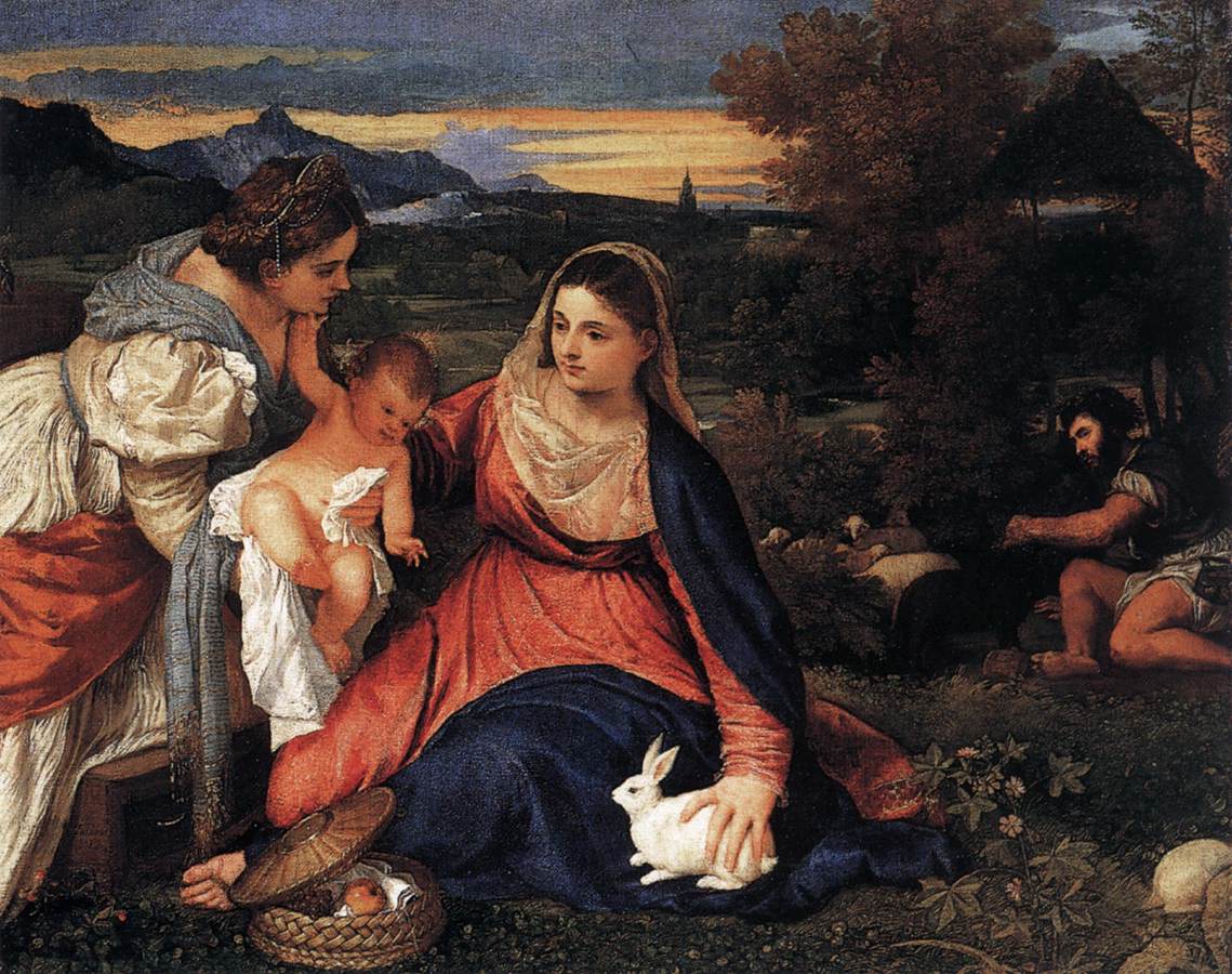 La Vierge à l'Enfant avec sainte Catherine et un berger ou La Vierge au lapin by  Titian - vers 1530 - 71 cm × 85 cm Musée du Louvre