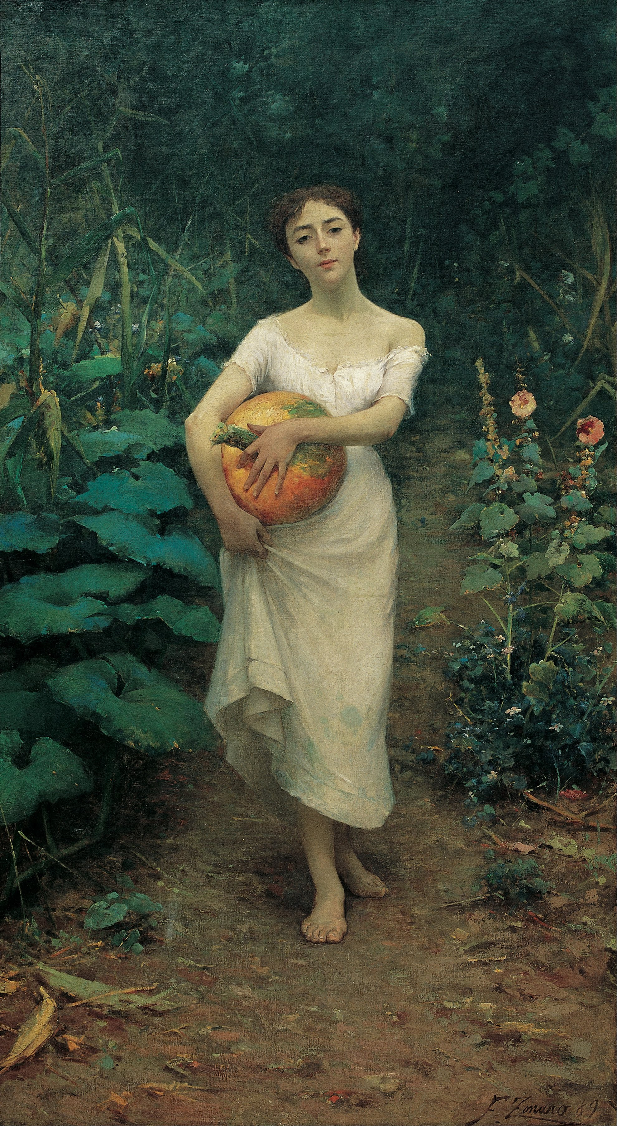 提著南瓜的年輕女孩 by Fausto Zonaro - 1889 - 137 x 245 cm 