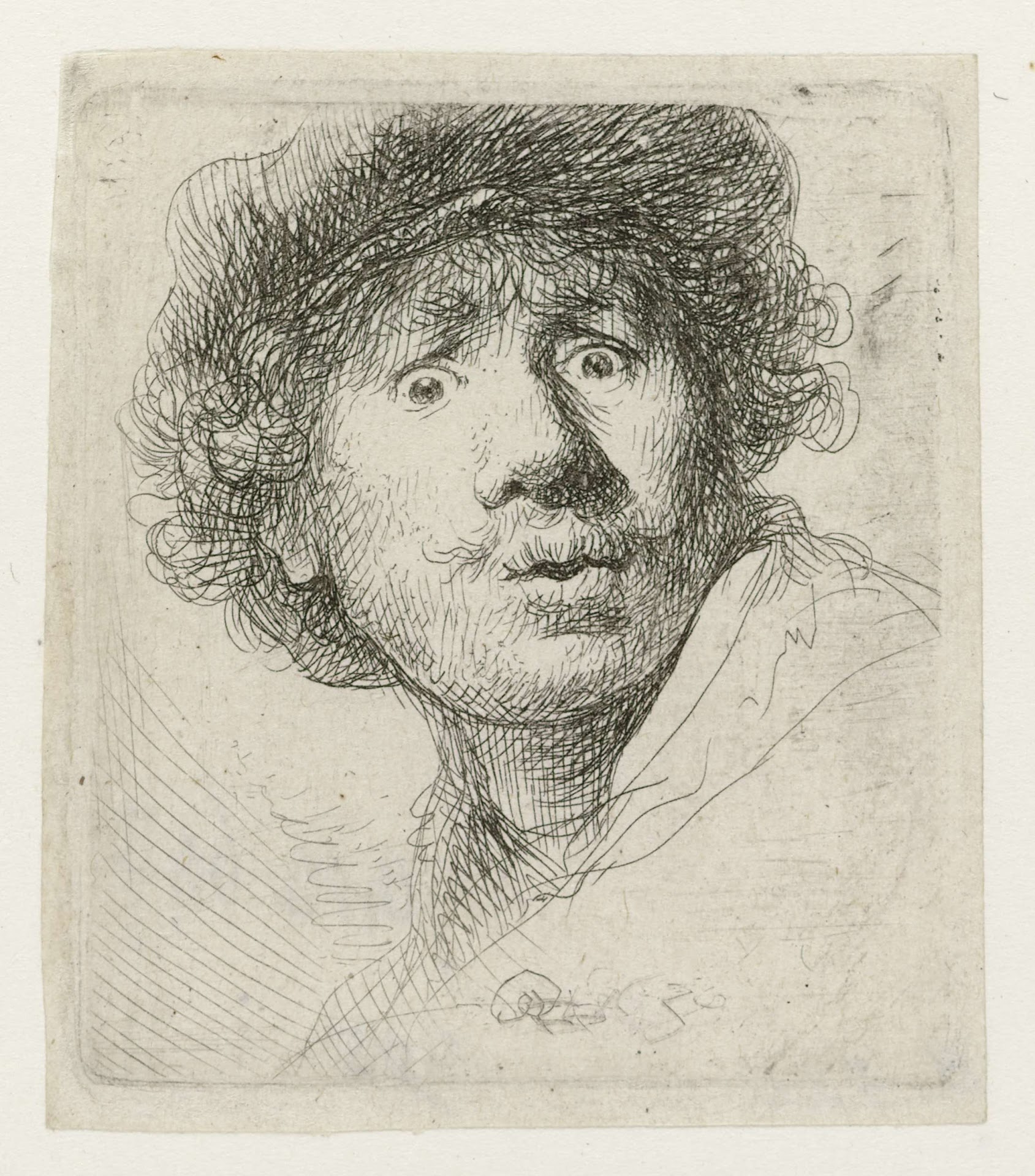 Autoportret z szeroko otwartymi oczami by Rembrandt van Rijn - 1630 - 51 x 46 mm 