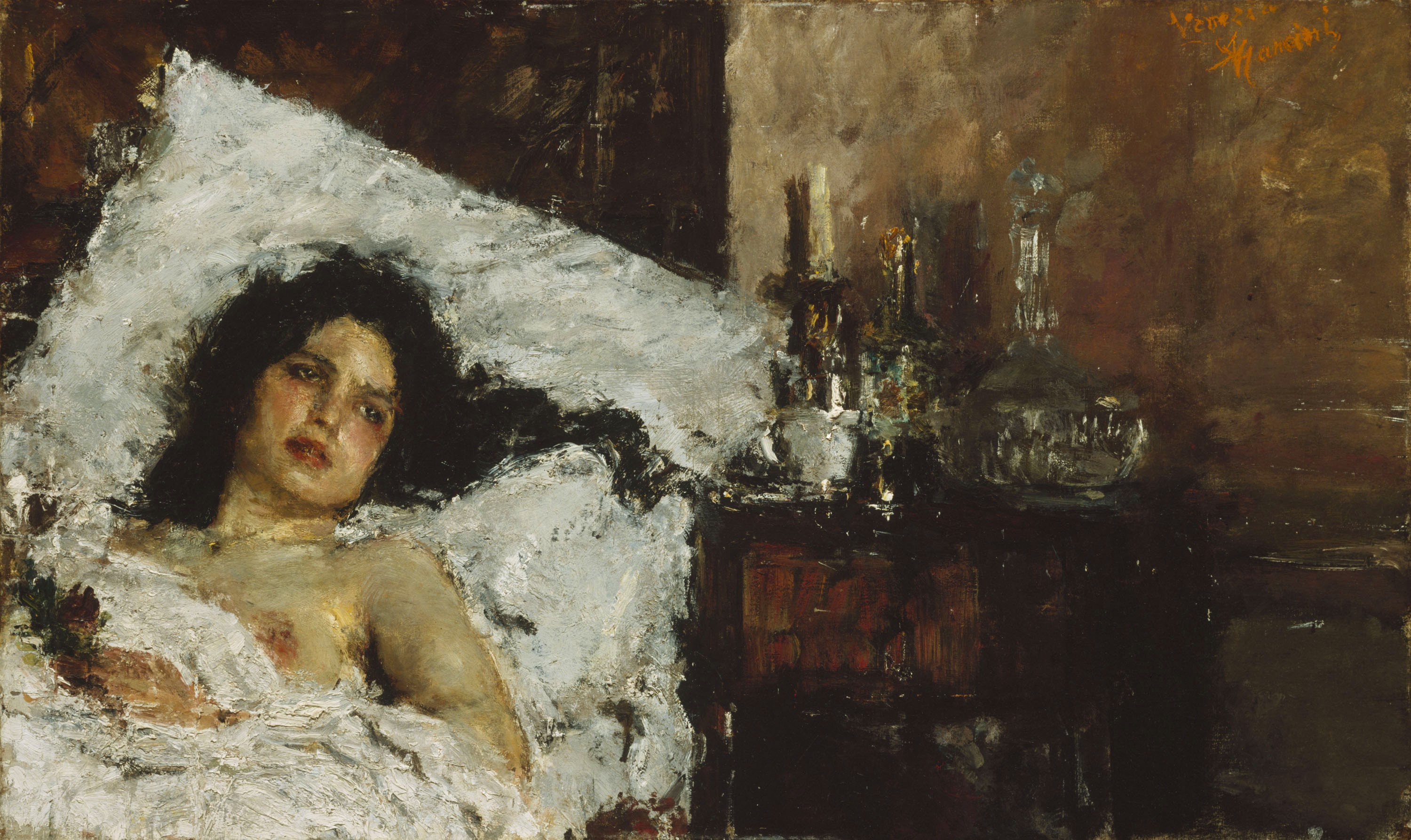 A pihenő by Antonio Mancini - 1887 - 60.9 x 100 cm 
