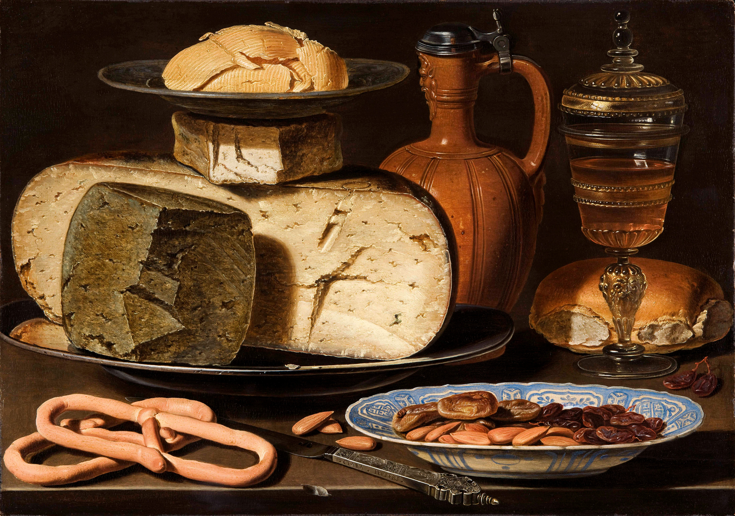 起士、杏仁和椒鹽蝴蝶餅的靜物畫 by Clara Peeters - c. 1615 - 34,5 x 49,5 cm 