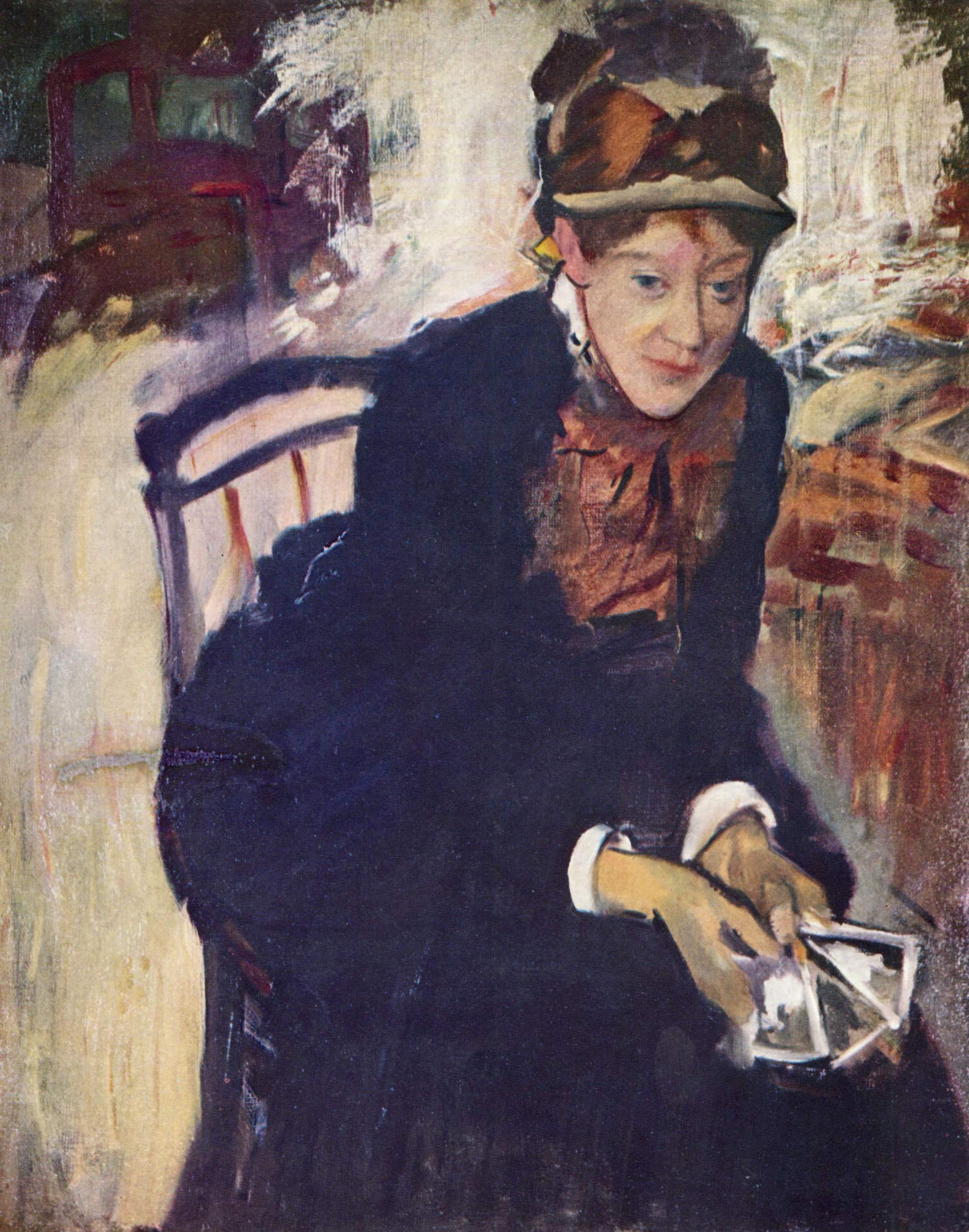 坐著的卡薩特小姐手持卡片的肖像 by Edgar Degas - 約 1876-1878 年 - 74 × 60 釐米 
