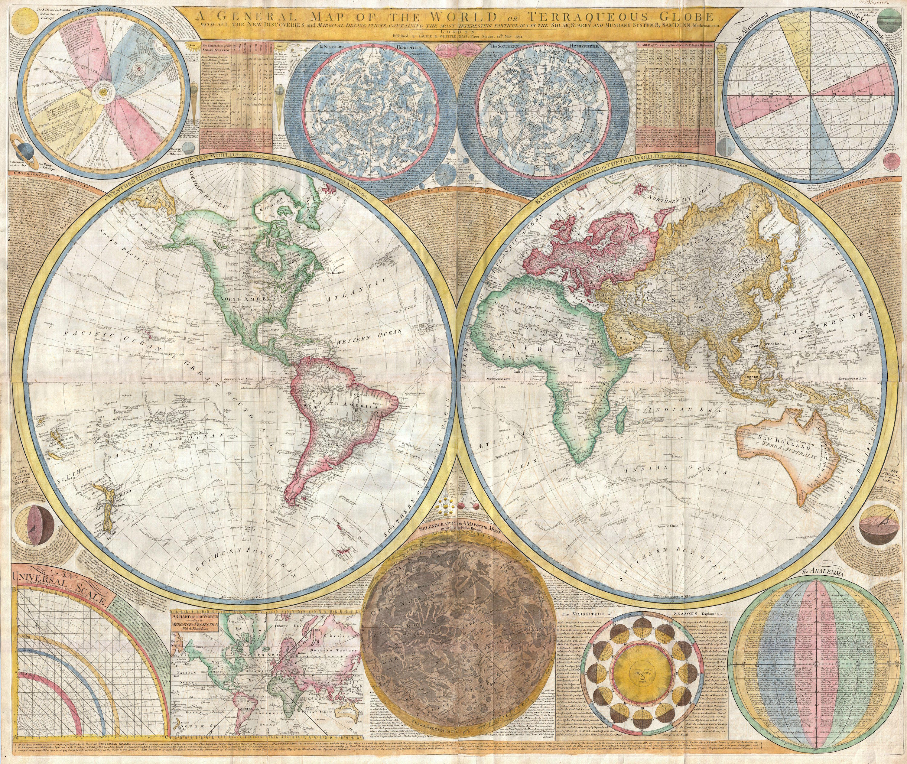 Globul Terraqueous cu toate noile descoperiri și delimitări marginale  by Thomas Kitchin - 1794 - 106.7 cm X 124.5 cm 