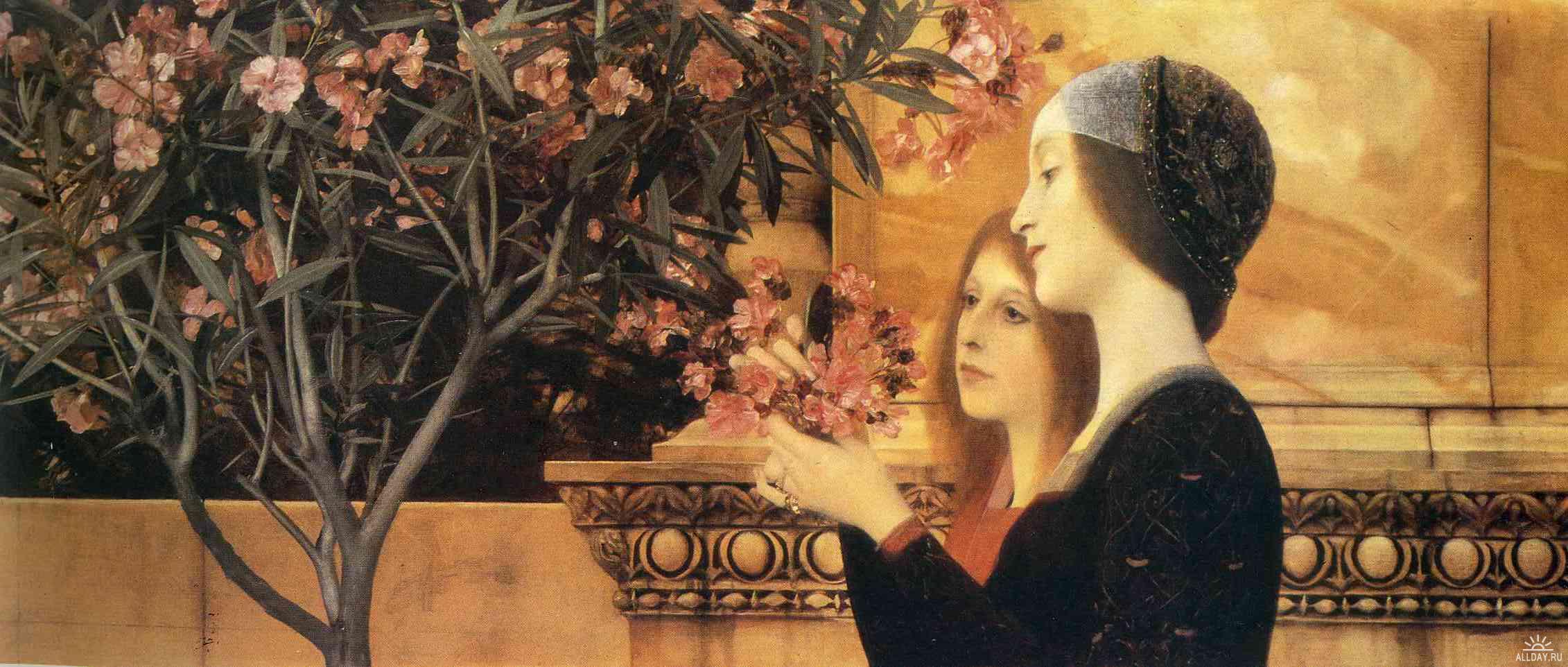 两个女孩与夹竹桃 by 古斯塔夫· 克林姆 - 1890 - 1892 - 55 x 128 厘米 沃兹沃思学会