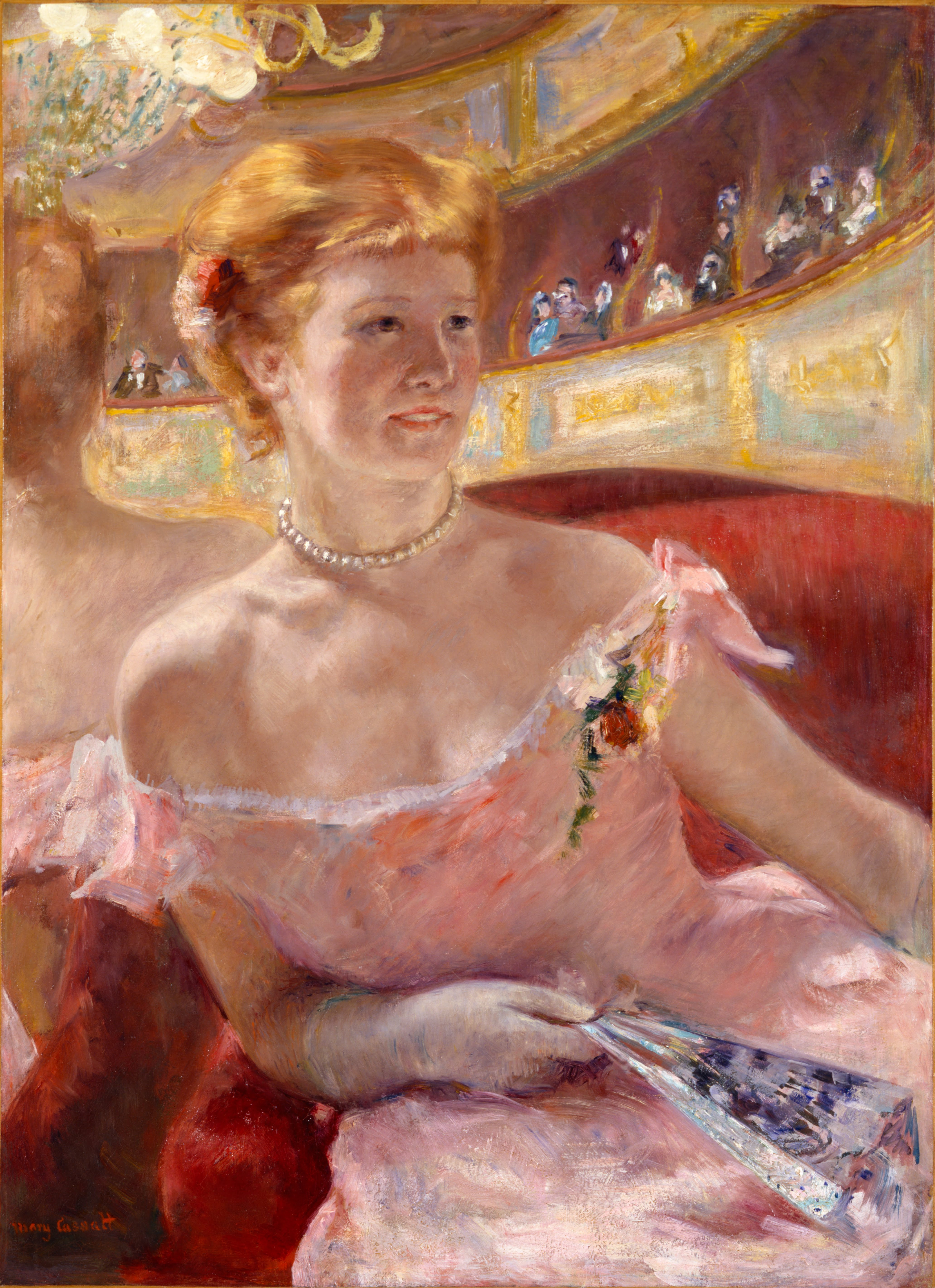 Woman with a Pearl Necklace in a Loge by Mary Cassatt - 1879 - 81.3 x 59.7 cm Philadelphia Museum of Art