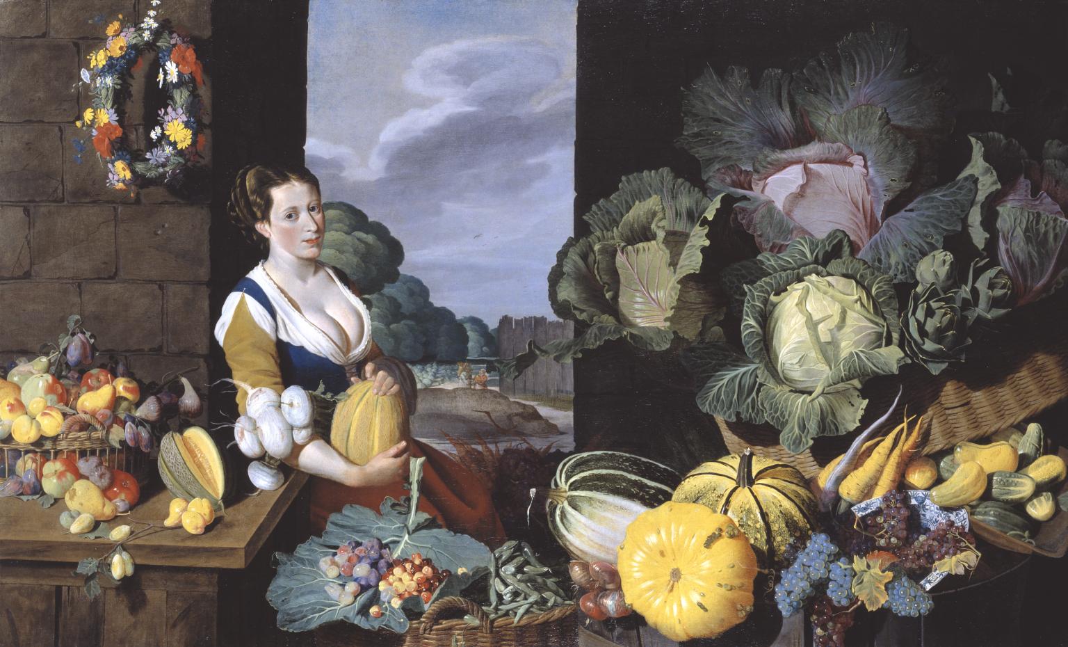 蔬菜和水果的静物与厨娘 by 纳撒尼尔 培根 - 公元1620–5 - 151 x 247 cm 泰特现代美术馆
