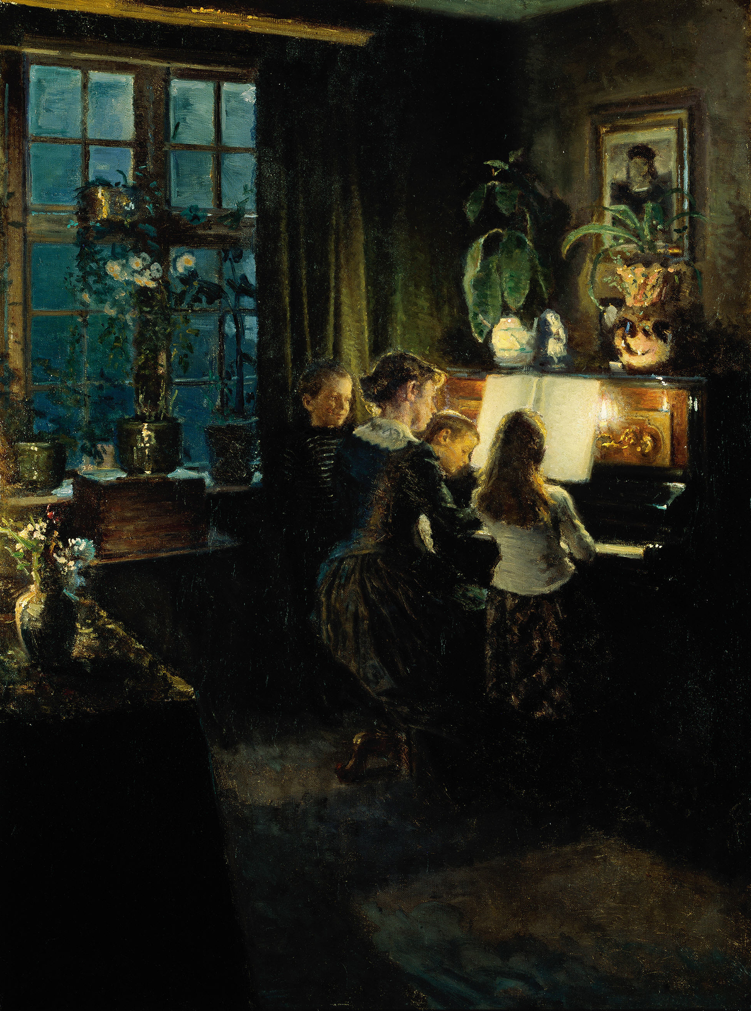 Στο πιάνο. Η σύζυγος και τα παιδιά του καλλιτέχνη by Viggo Johansen - 1891 - 1892 
