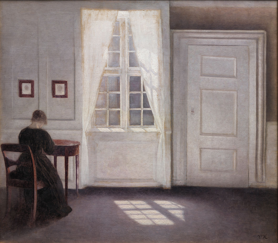画家在哥本哈根斯特兰德的房间，和他的妻子（地板上的阳光和地板上的阳光） by 威尔赫姆 哈默修依 - 1901 - 55.2 x 69.8 厘米 