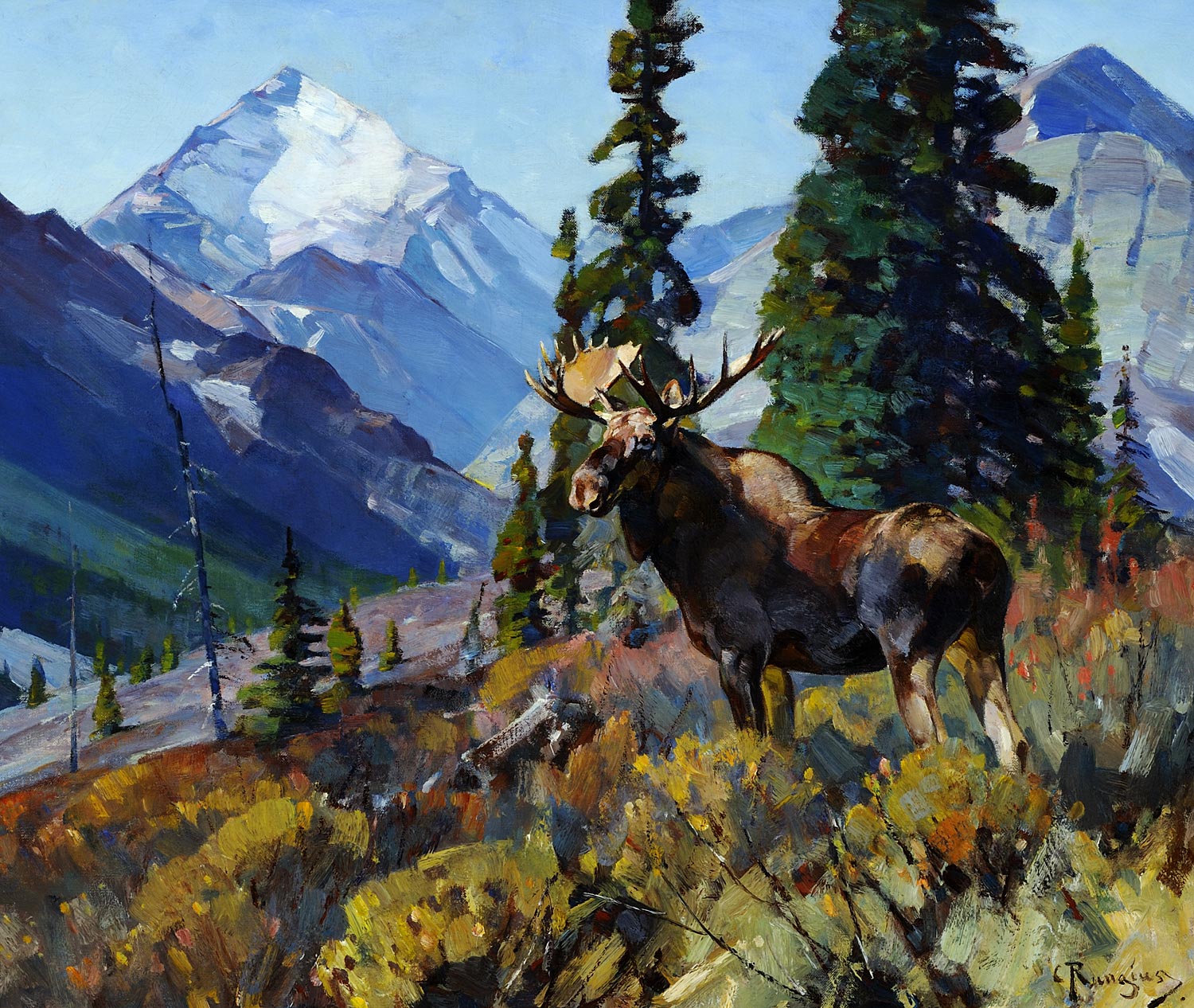 Moose on the Head of Ram River by Carl Rungius - c. 1940s - 25 x 30 inches The National Museum of Wildlife Art