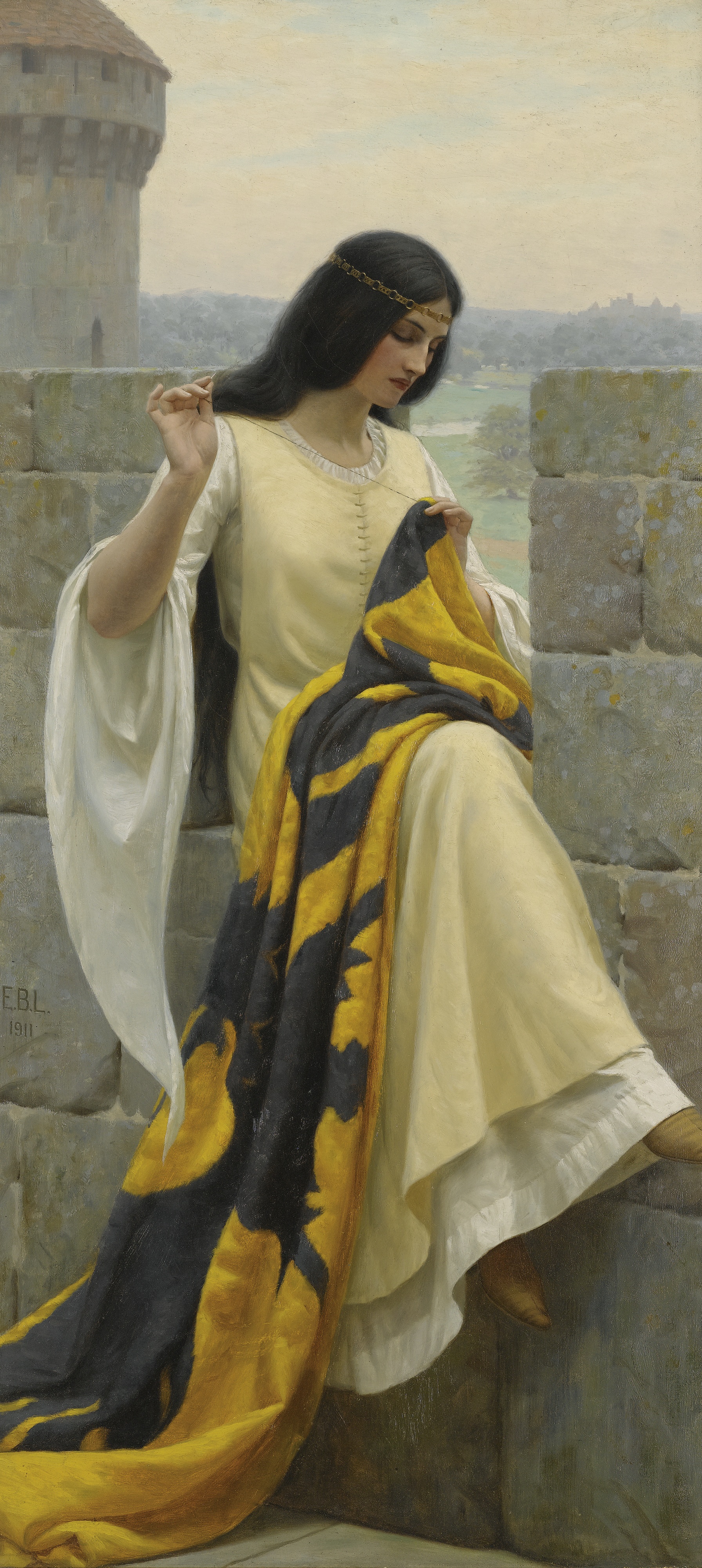 Stitching the Standard by Edmund Blair Leighton - 1911 - 98 cm × 44 cm private collection