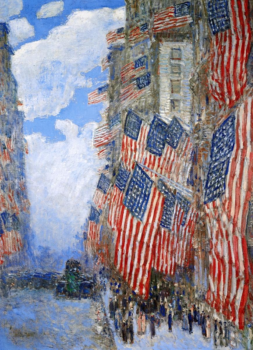 Július negyedike by Frederick Childe Hassam - 1916 - középső panel: 96 x 69 cm, oldalsó szárnyak egyenként: 101 x 35 cm  