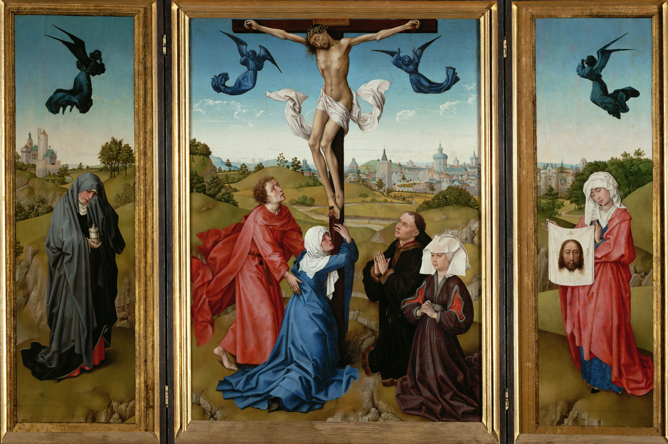 三連祭壇画:十字架刑 by Rogier van der Weyden - 1443/45 - 中央: 96 x 69 cm,両翼: 各101 x 35 cm 