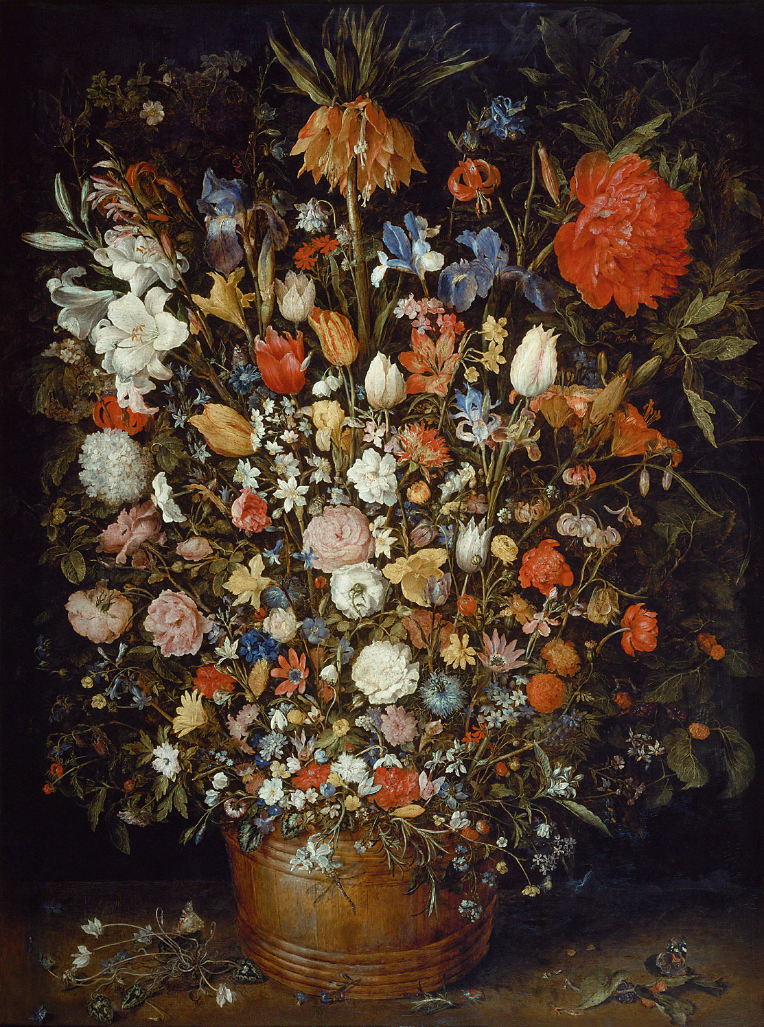 Velká kytice květin v dřevěné nádobě by Jan Brueghel - 1606 - 1607 - 97,5 cm x 73 cm 