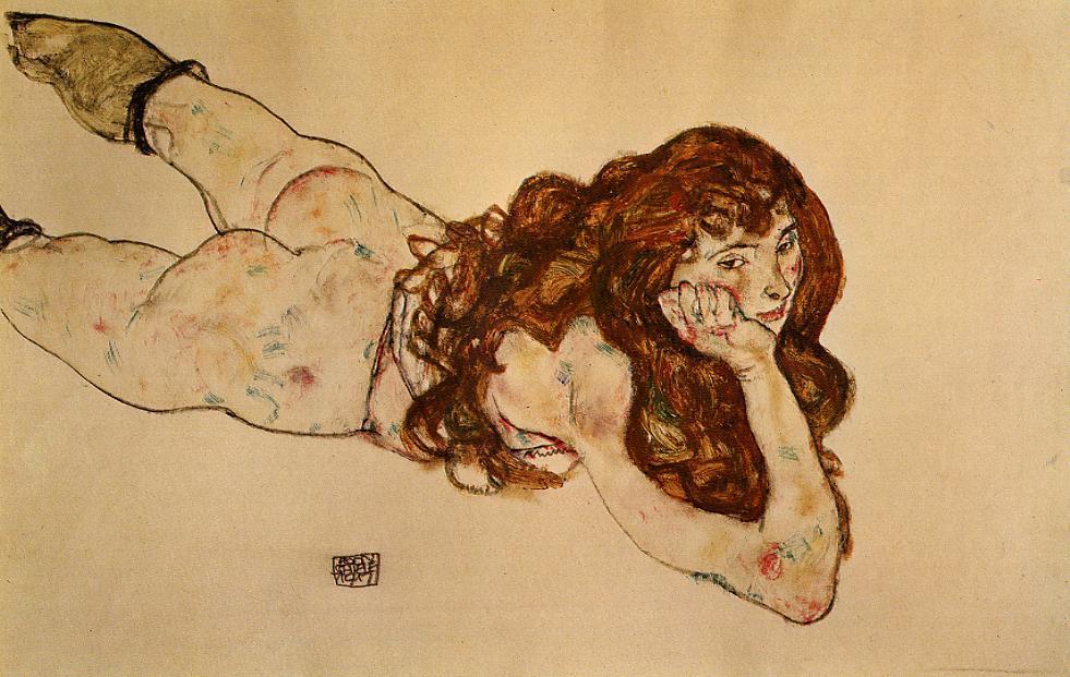أنثى عارية على بطنها by Egon Schiele - 1917 - 29.8 × 46.1 سم  