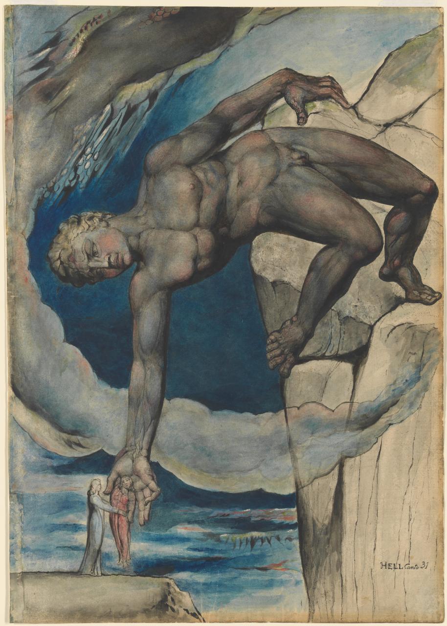 آنتایوس دانته و ویرژیل را در واپسین حلقهٔ دوزخ پایین می‌گذارد by William Blake - ۱۸۲۴ - ۳۷٫۴ × ۵۲٫۶ سانتی‌متر 