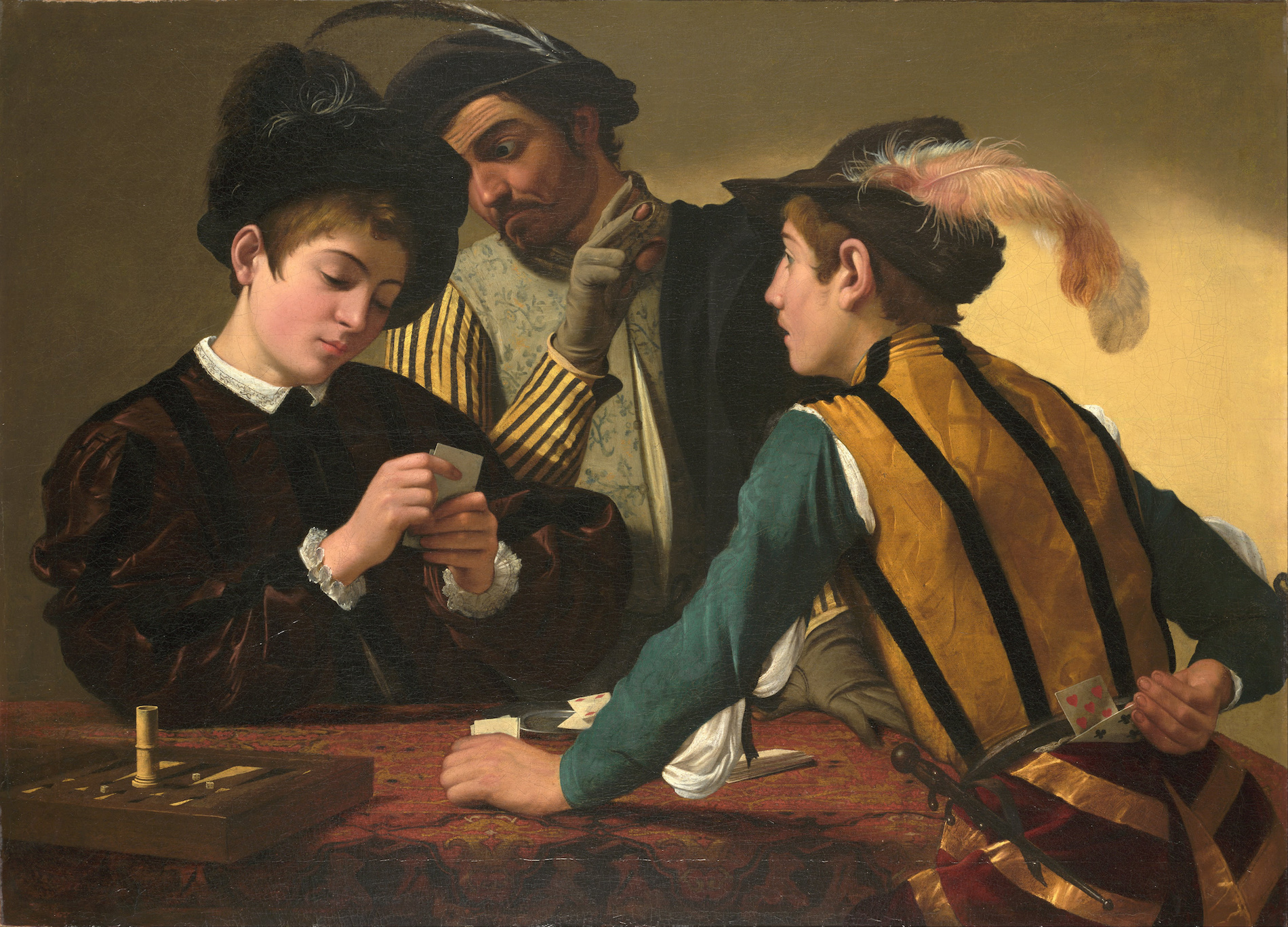 The Cardsharps by  Caravaggio - c. 1595 - 94.2 x 130.9 cm Kimbell Art Museum