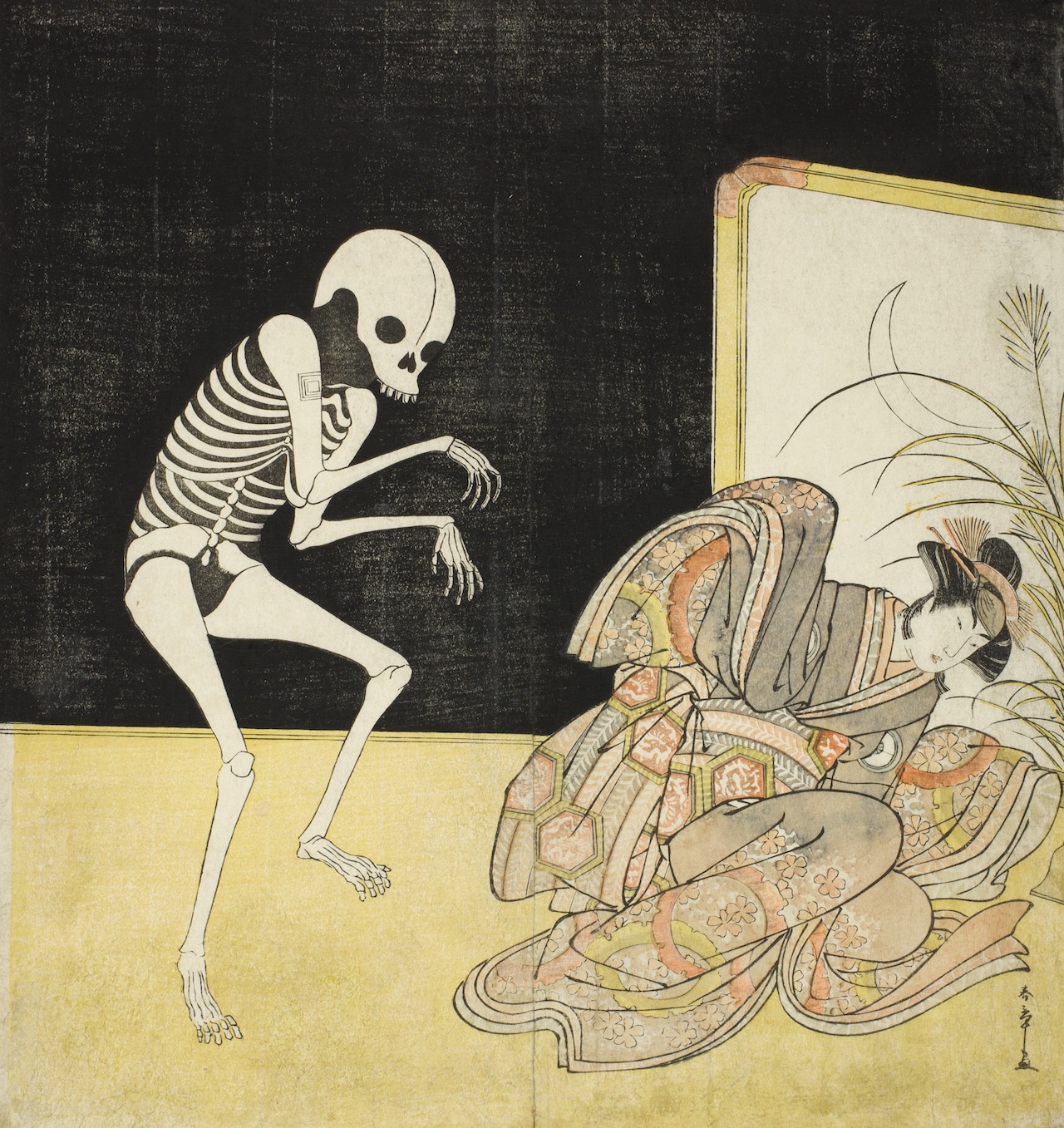 The Actors Ichikawa Danjuro V as a Skeleton, Spirit of the Renegade Monk Seigen, and Iwai Hanshiro IV as Princess Sakura by Katsukawa Shunsho - 1783 - 32.9 x 15 cm Art Institute of Chicago