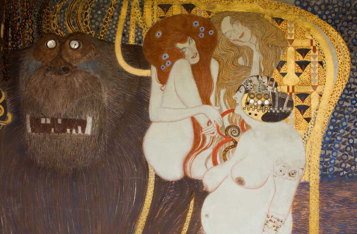 Beethoven Frizi: Tüm Dünyaya Öpücük (Detay: Şehvet) by Gustav Klimt - 1901-02 