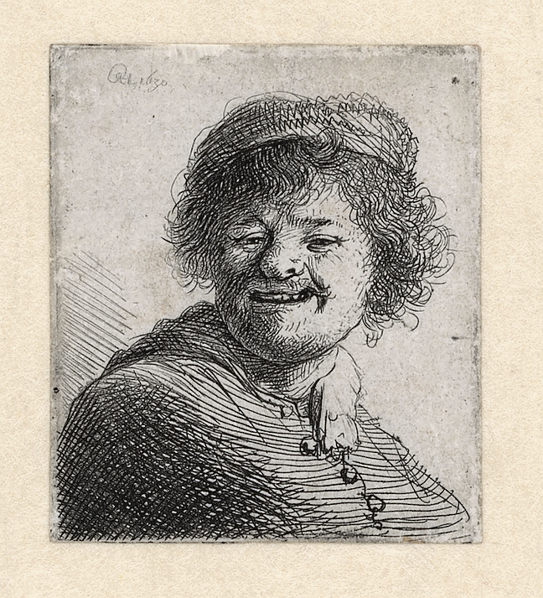 Autoportrait au chapeau, rire by Rembrandt van Rijn - 1630 - 50 x 45 cm Rembrandthuis
