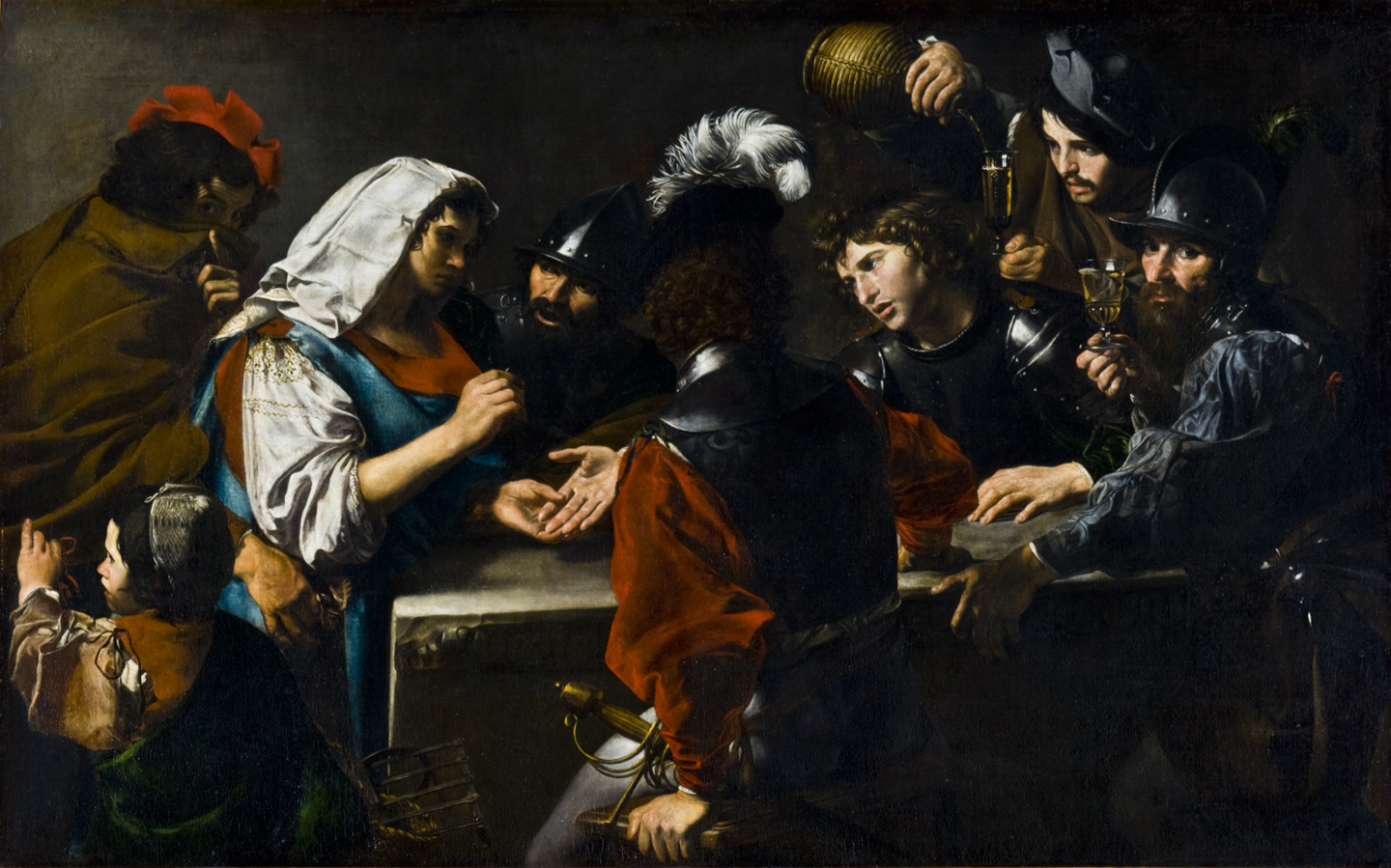 Fortune Teller with Soldiers by Valentin de Boulogne - c. 1620 - 149.5 x 238.4 cm Toledo Museum of Art