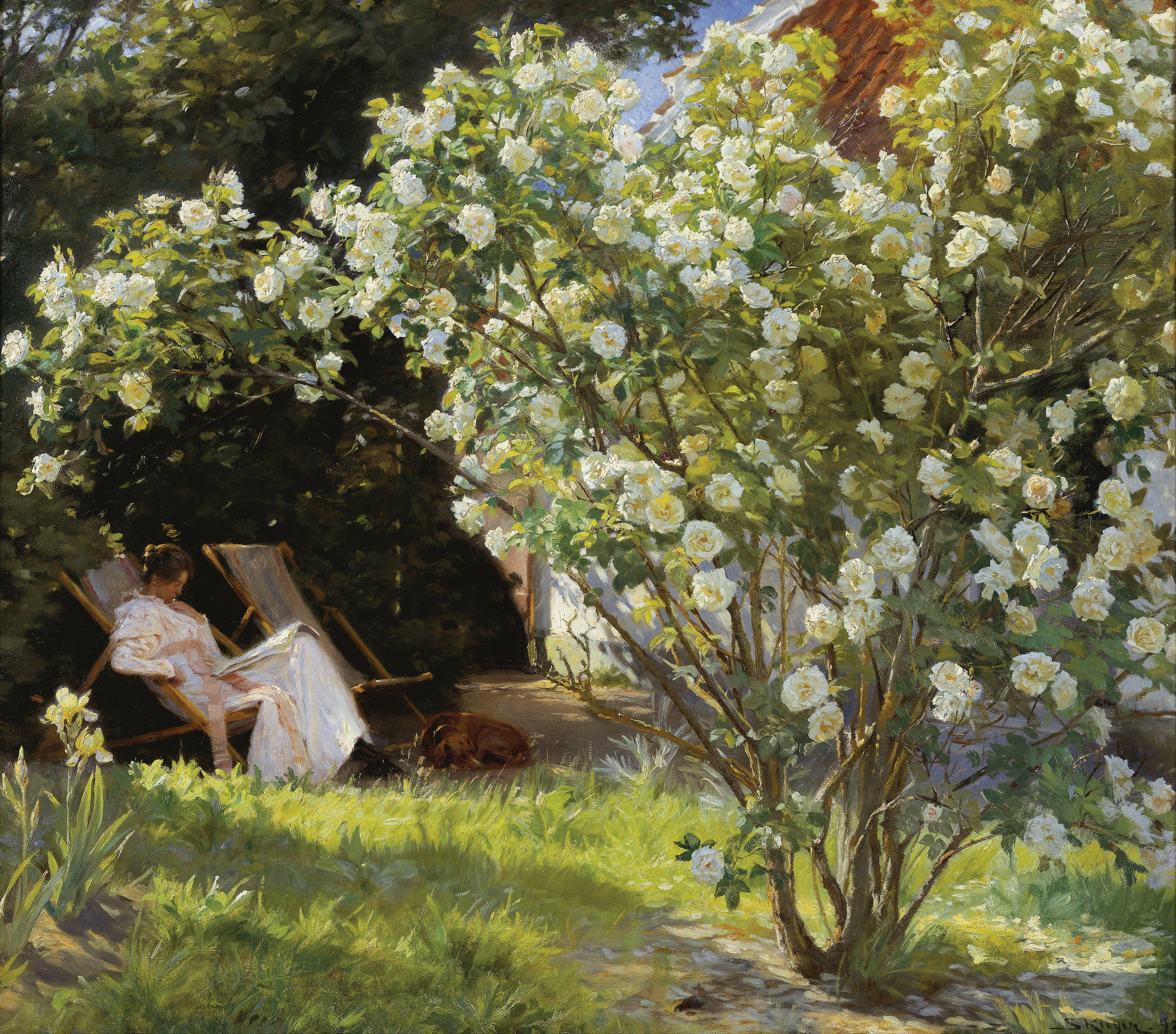ماري كروير جالسةً على كرسي قابل للطي في الحديقة إلى جانب بيت السيدة بيندسون by P.S. Krøyer - 1893م - 76.5 x 67.5سم  