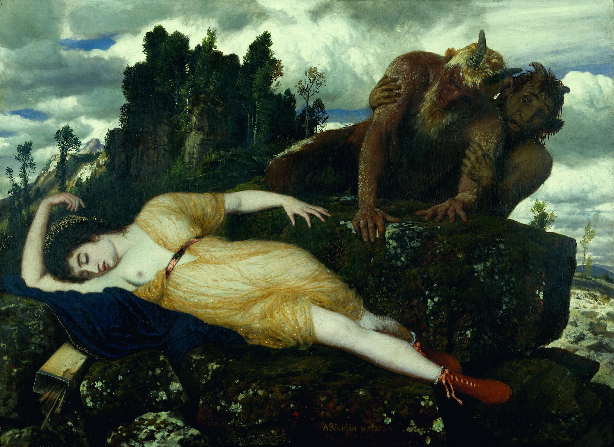 Die schlafende Diana wird von zwei Faunen beobachtet by Arnold Böcklin - 1877 - 105 x 77.4 cm Museum Kunstpalast