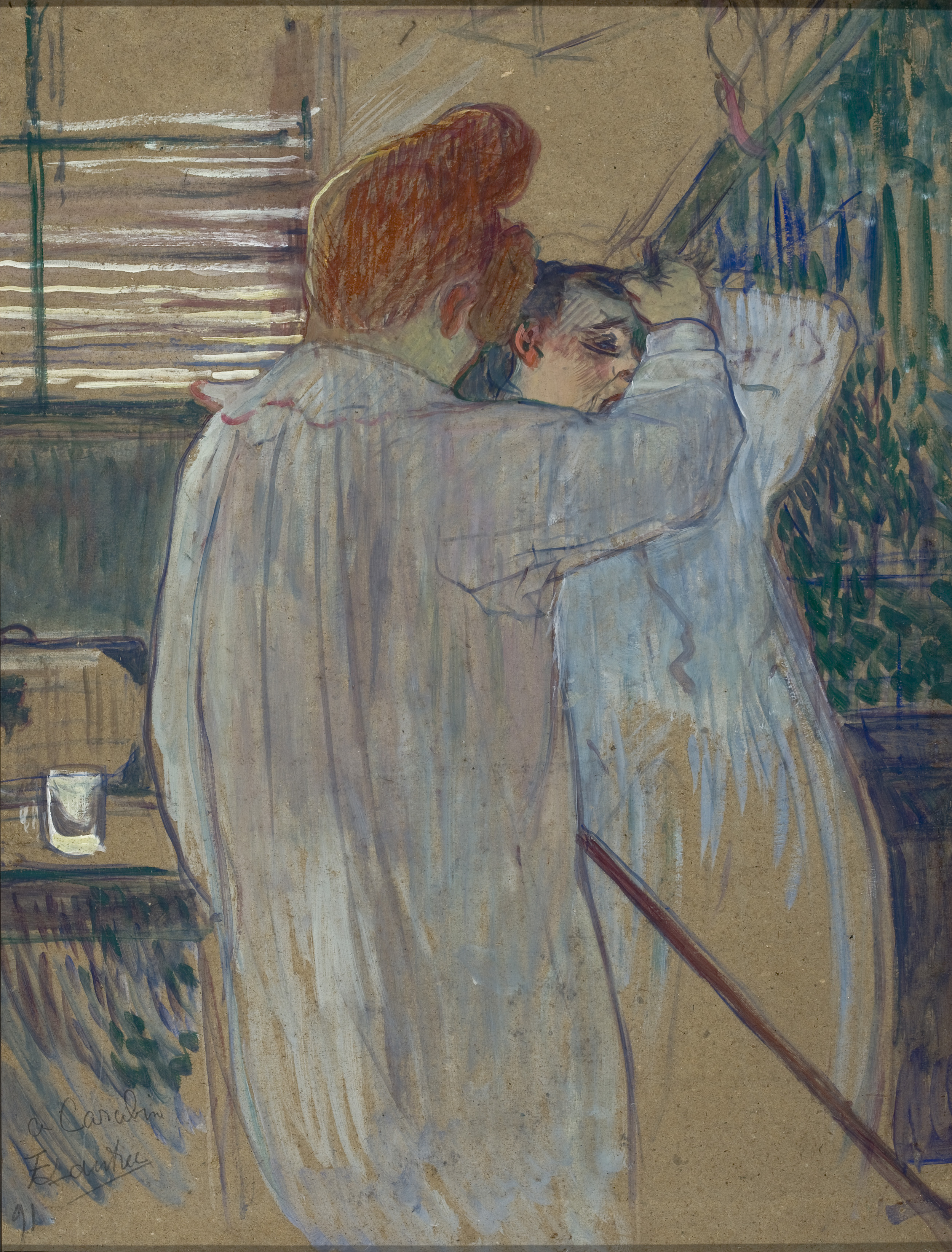 Žena češící si vlasy — Dvě ženy oblékající si noční košile by Henri de Toulouse-Lautrec - 1891 