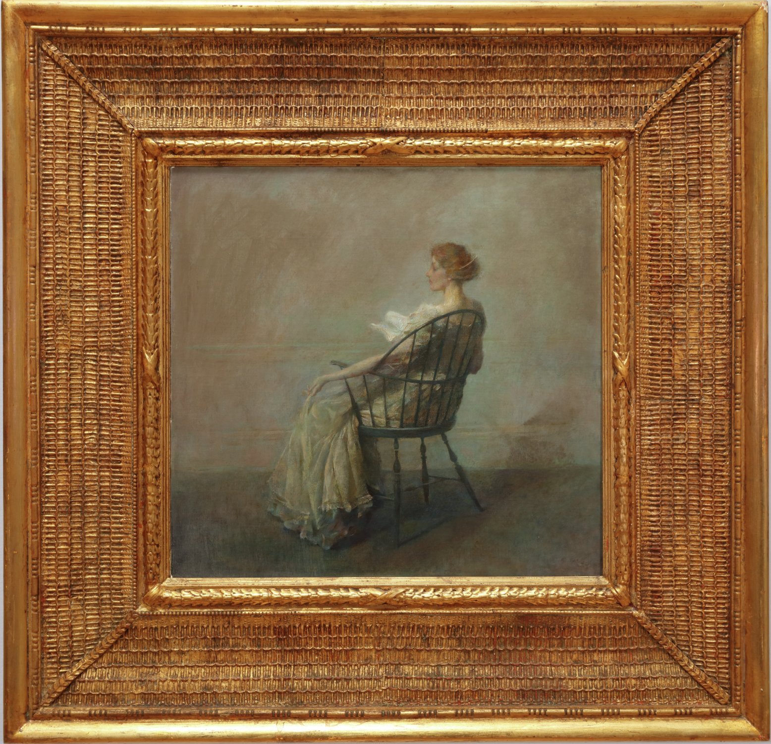مطالعه (یا بانو روی صندلی چوبی) by Thomas Wilmer Dewing - ca. 1909 - 20 1/4 x 21 1/2 inches 