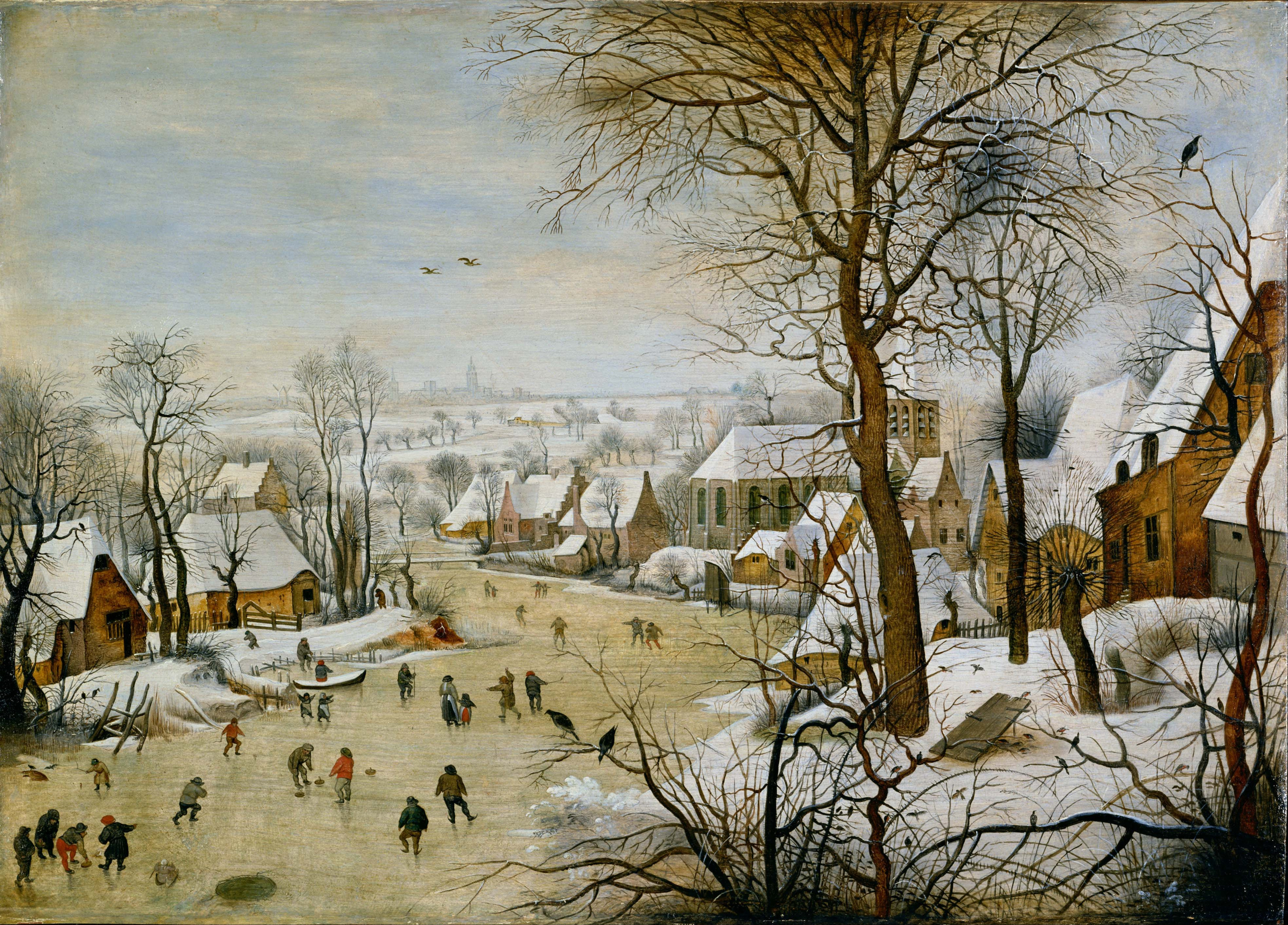 有滑雪者与捕鸟器的风景 by 老彼得· 勃鲁盖尔 - 1565 