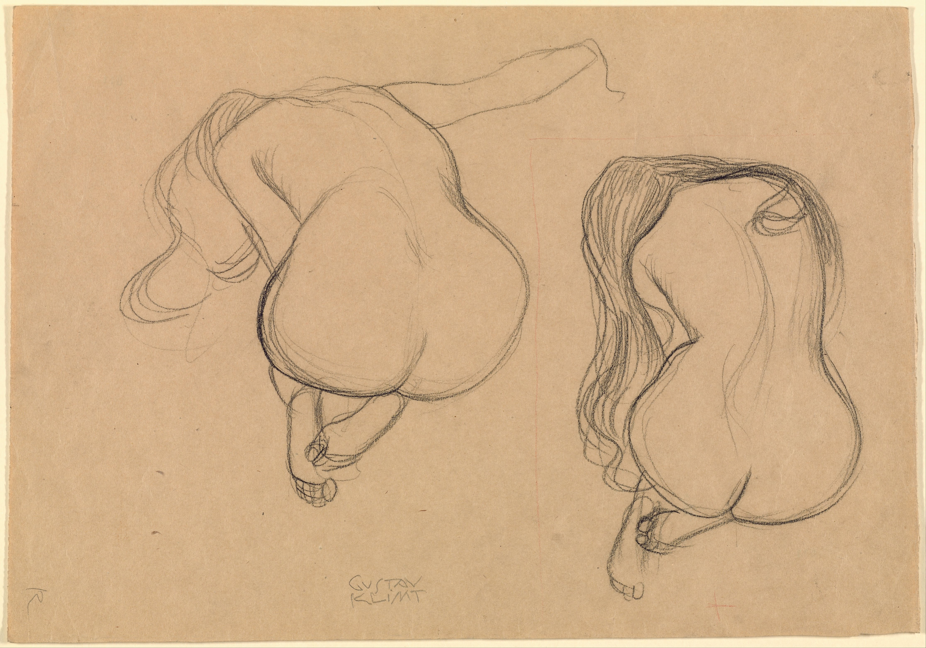 Twee studies van een zittend naakt met lang haar by Gustav Klimt - 1901-02 - 45.2 x 31.7 cm 