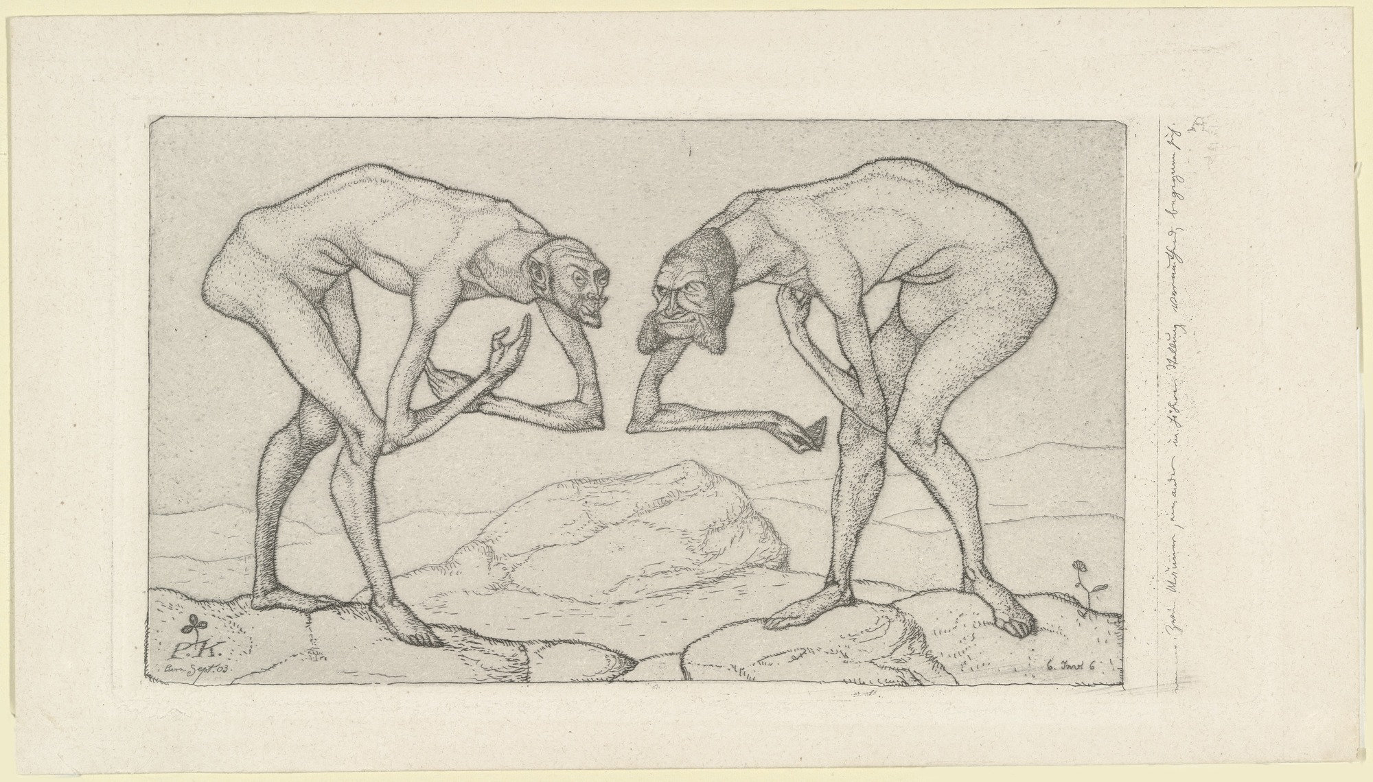 Dva muži se setkají, každý z nich se domnívá, že ten druhý má vyšší postavení by Paul Klee - 1903 - 11,7 x 22,4 cm 