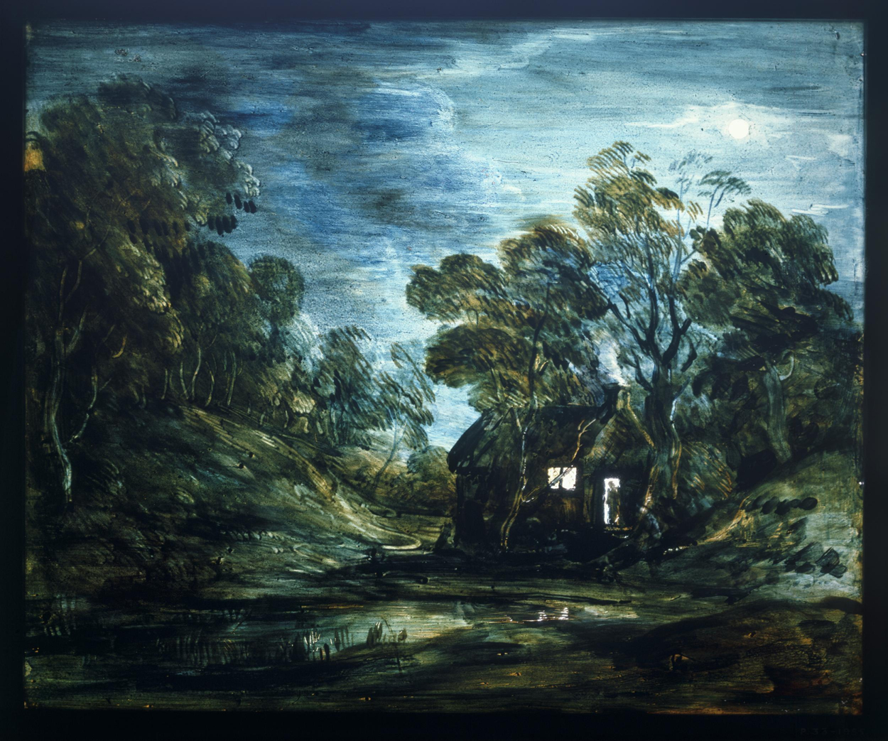 Wooded Moonlight Landscape with Pool and Figure at the Door of a Cottage by Thomas Gainsborough - 1781-82 - 27.9 x 33.7 cm Victoria and Albert Museum