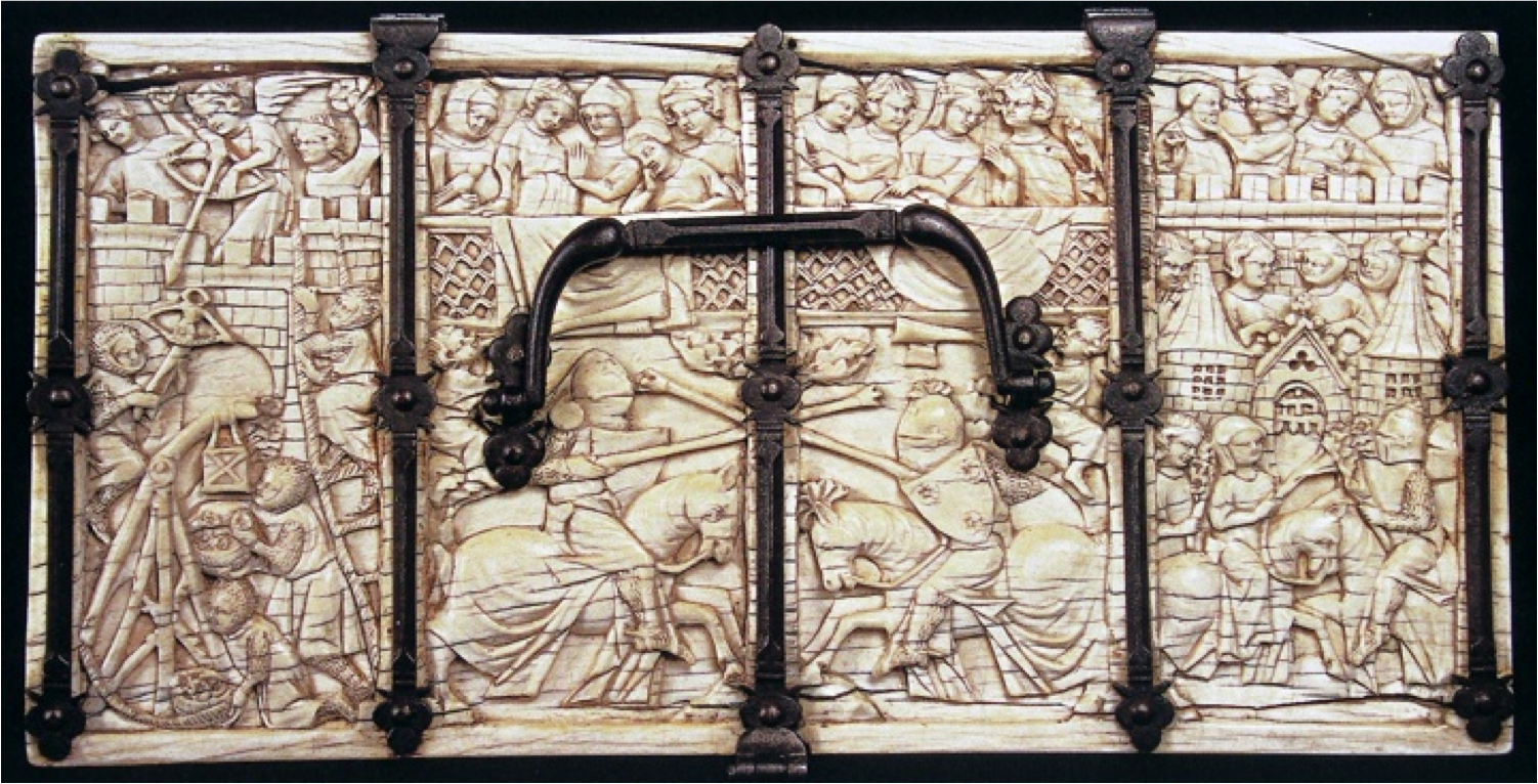 Skříňka s výjevy ze středověké romantické literatury (poklop) by Unknown Artist - cca 1300–1310 - 9,7 cm vysoké x 25,7 cm široké 
